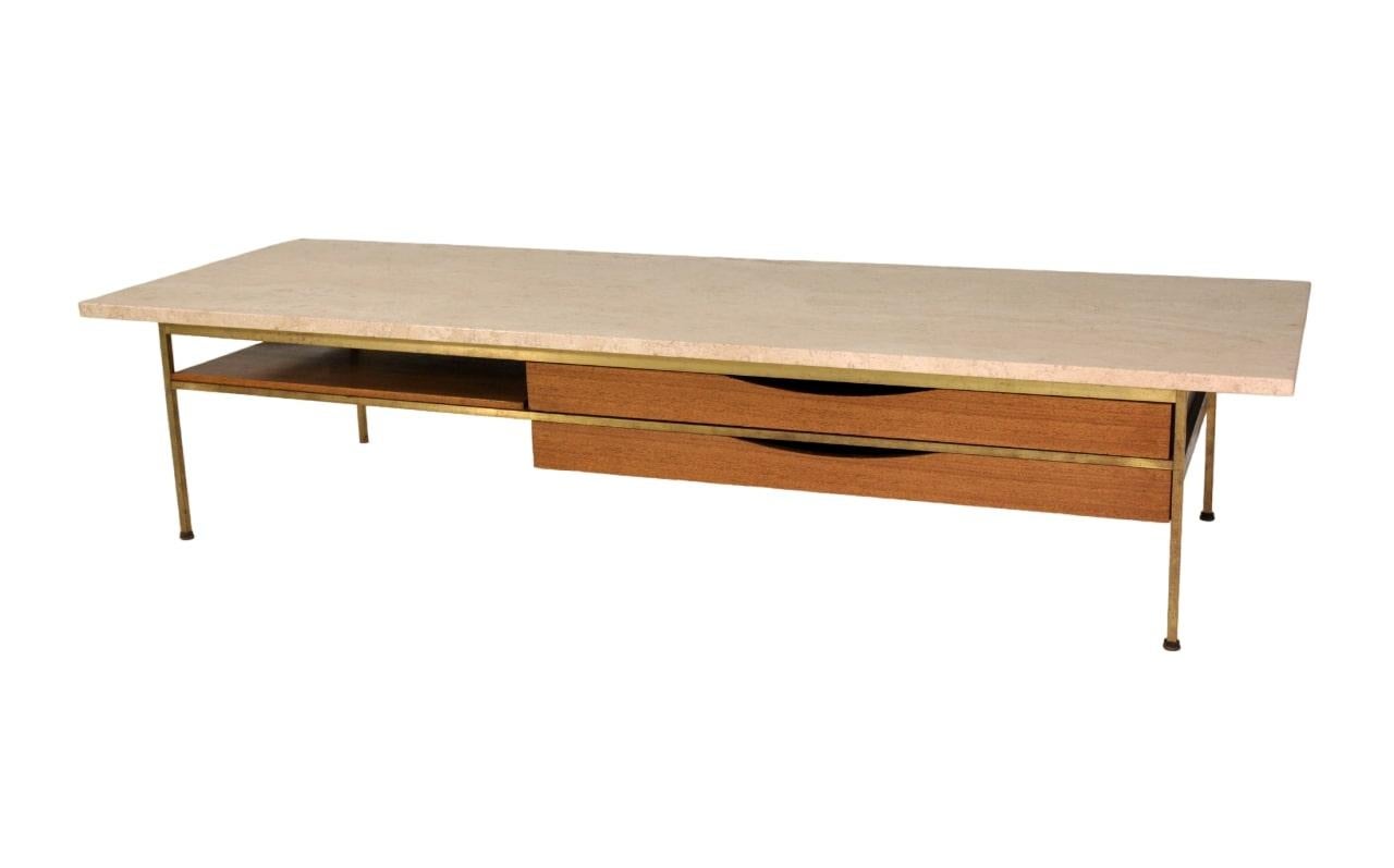 Paul McCobb Irwin Collection Brass and Travertine Coffee Table by Calvin 3