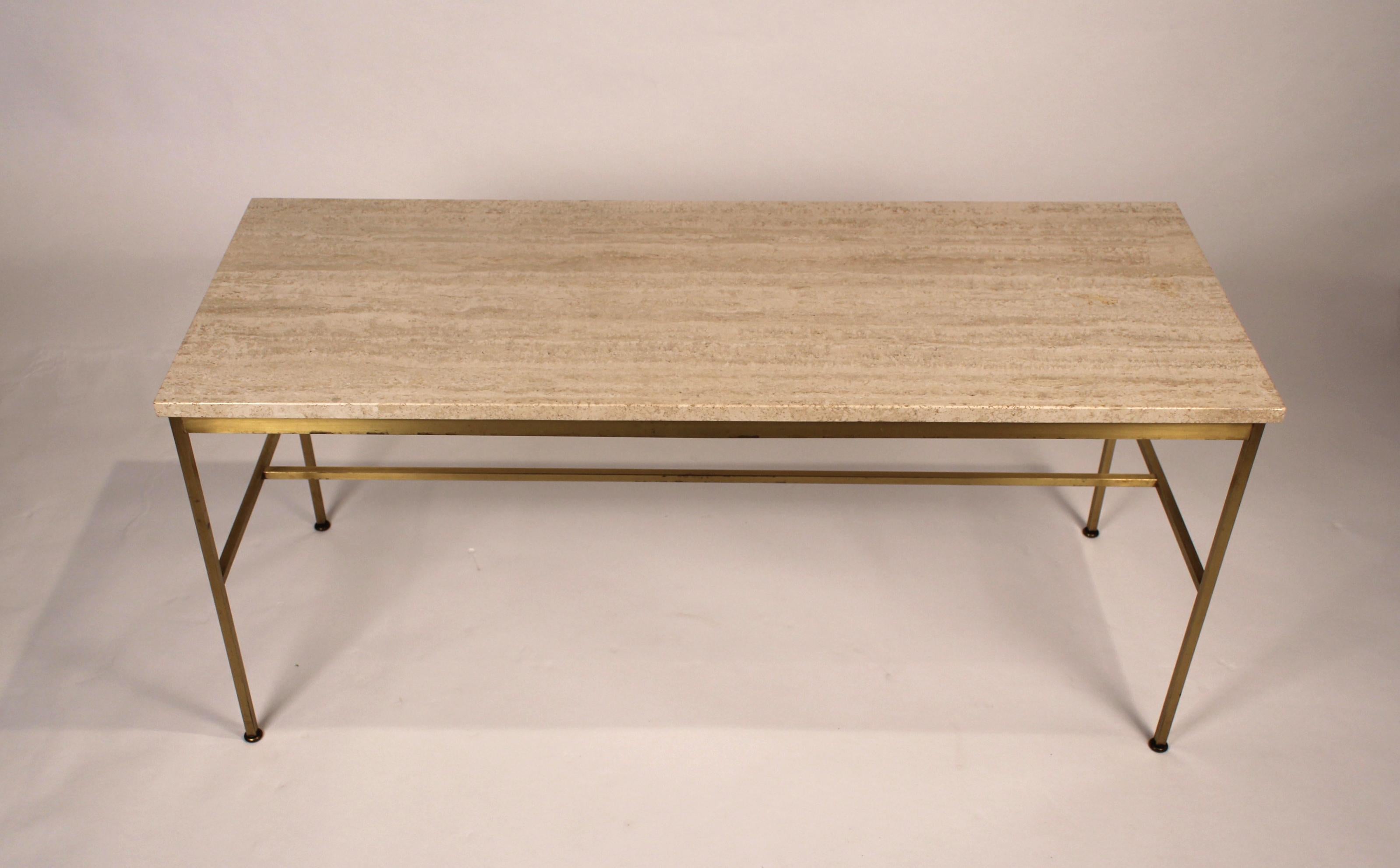 American Paul McCobb Irwin Collection Brass and Travertine Sofa Table For Sale