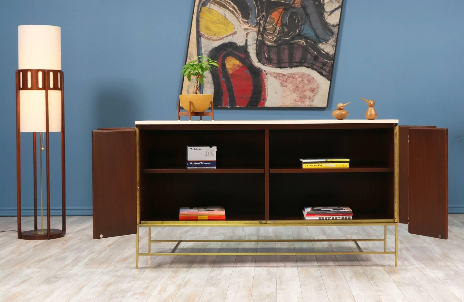 Mid-Century Modern Paul McCobb “Irwin Collection” Credenza with Bi-Folding Doors and Travertine Top