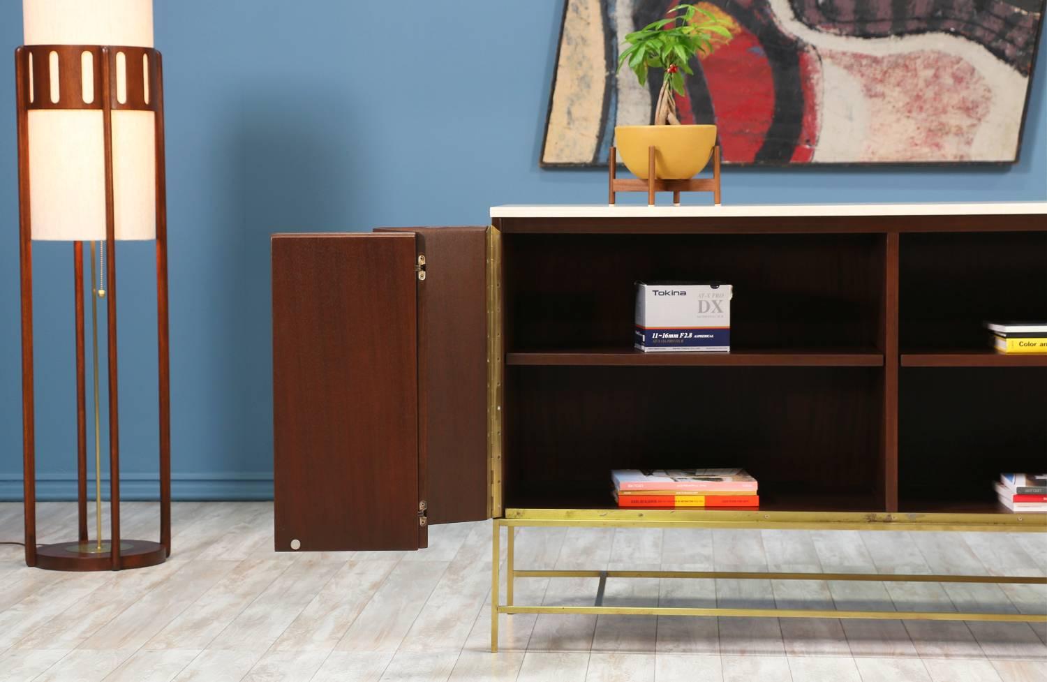 American Paul McCobb “Irwin Collection” Credenza with Bi-Folding Doors and Travertine Top