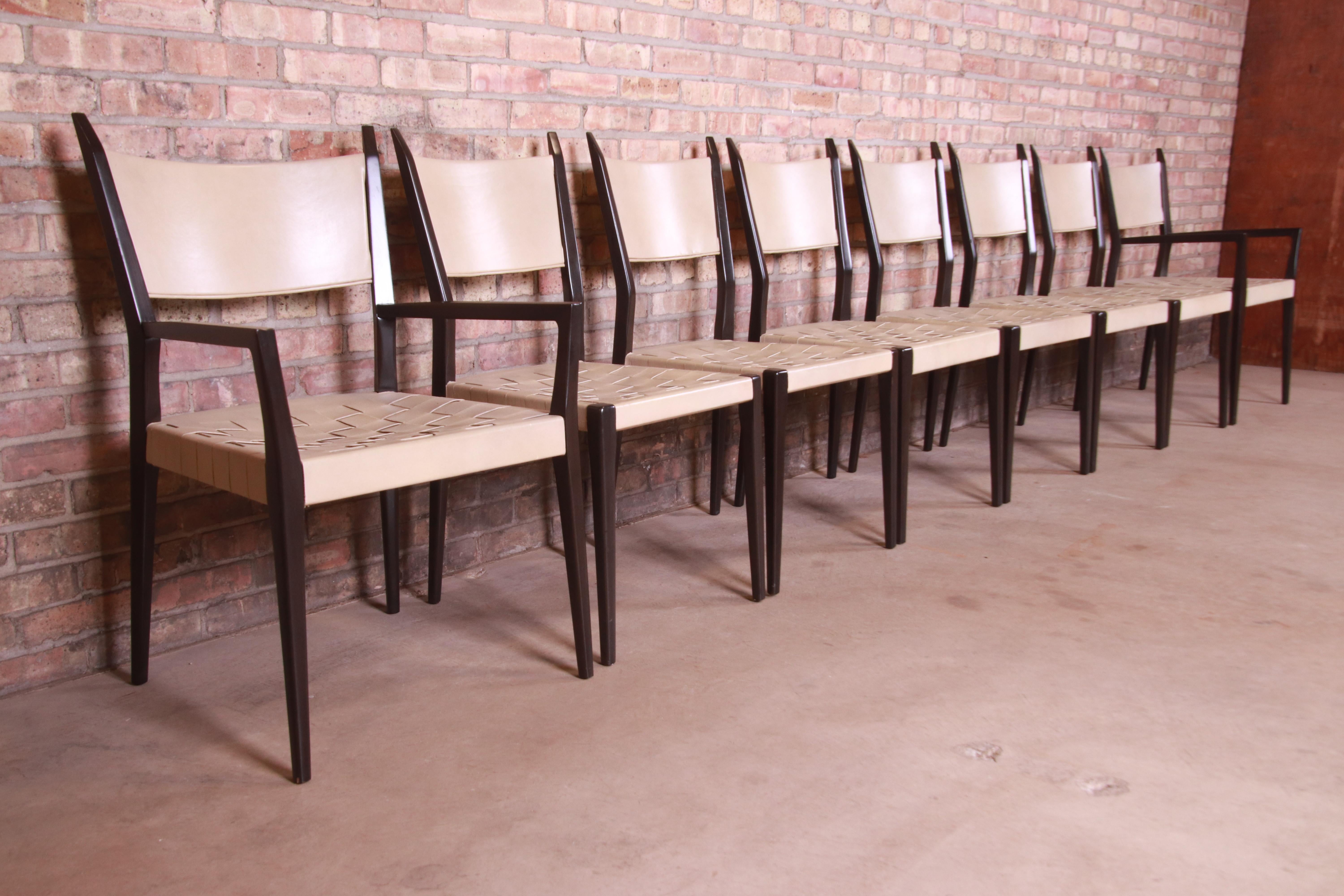 Paul McCobb Irwin Collection Ebonized Mahogany and Woven Leather Dining Chairs In Good Condition In South Bend, IN