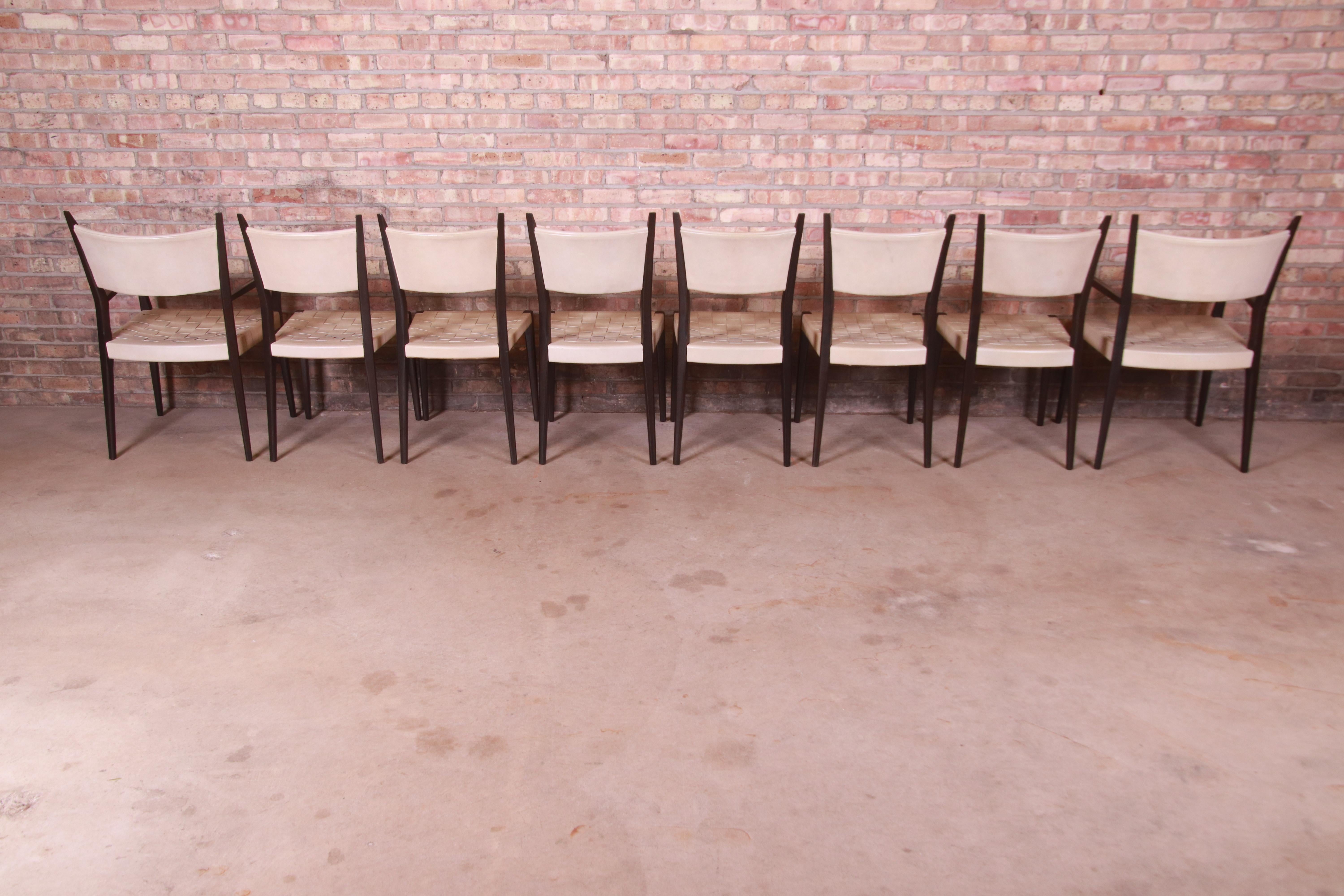 Mid-20th Century Paul McCobb Irwin Collection Ebonized Mahogany and Woven Leather Dining Chairs