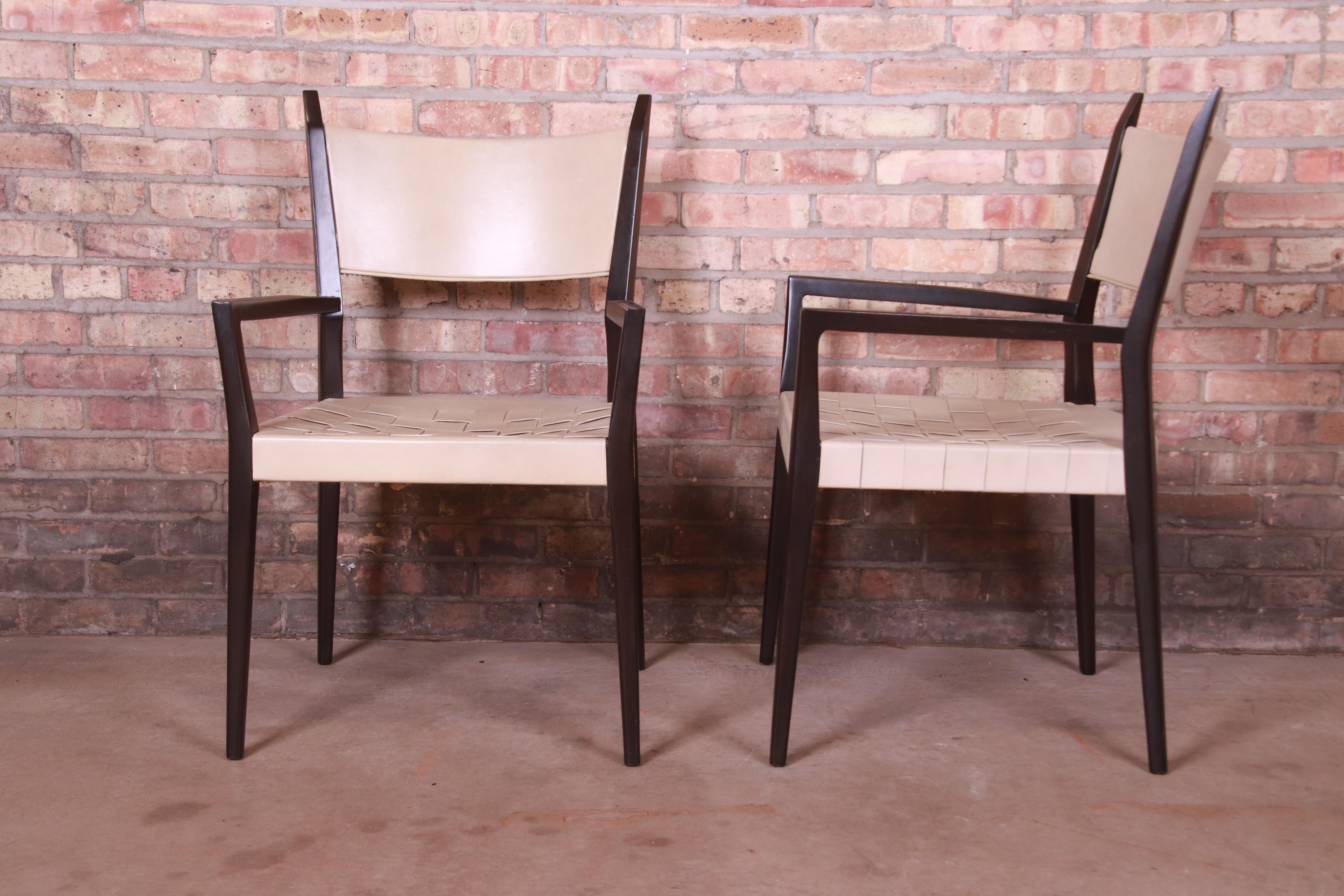 Paul McCobb Irwin Collection Ebonized Mahogany and Woven Leather Dining Chairs 1