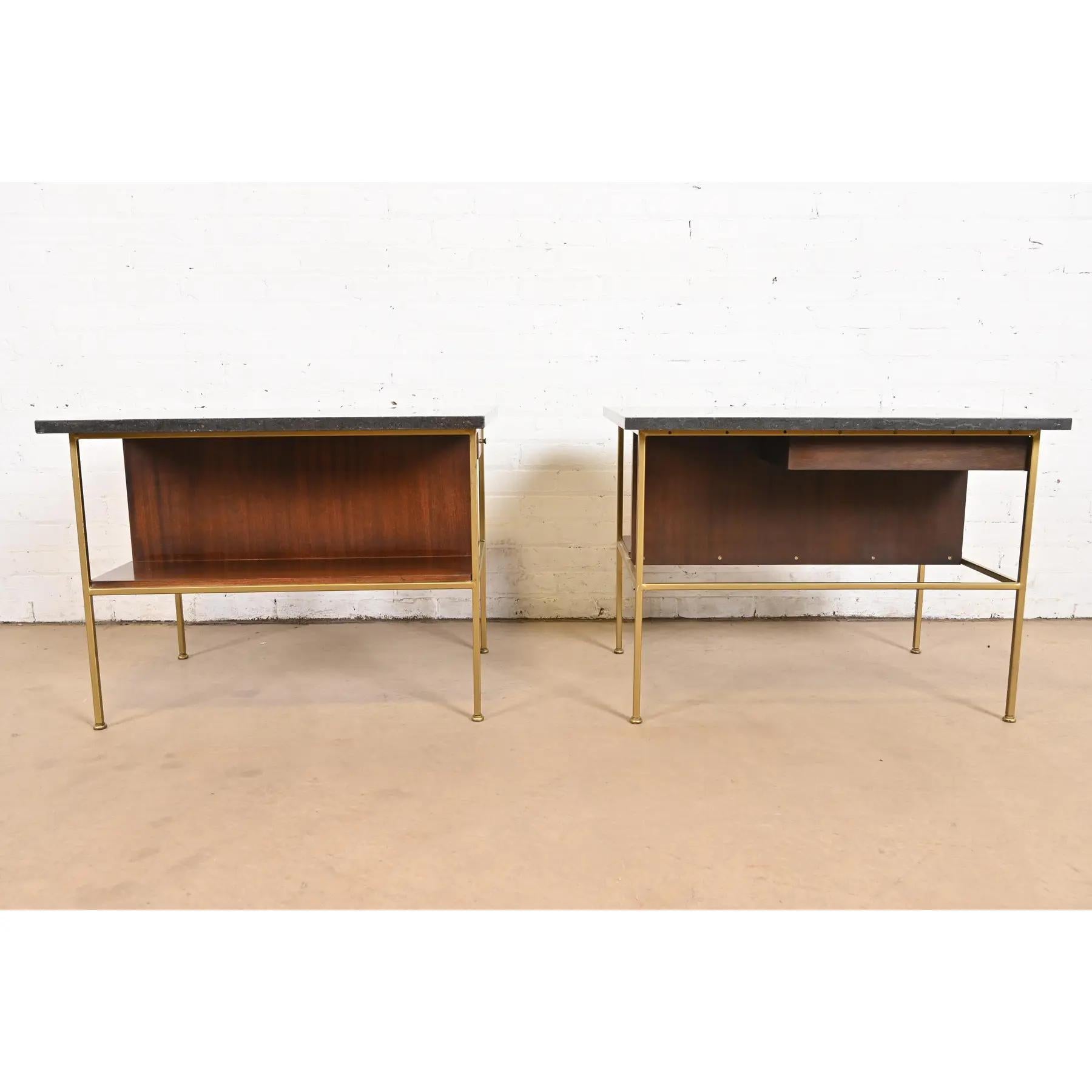 Paul McCobb Irwin Collection Mahogany and Brass Marble Top Nightstands For Sale 5