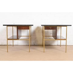 Paul McCobb Irwin Collection Mahogany and Brass Marble Top Nightstands