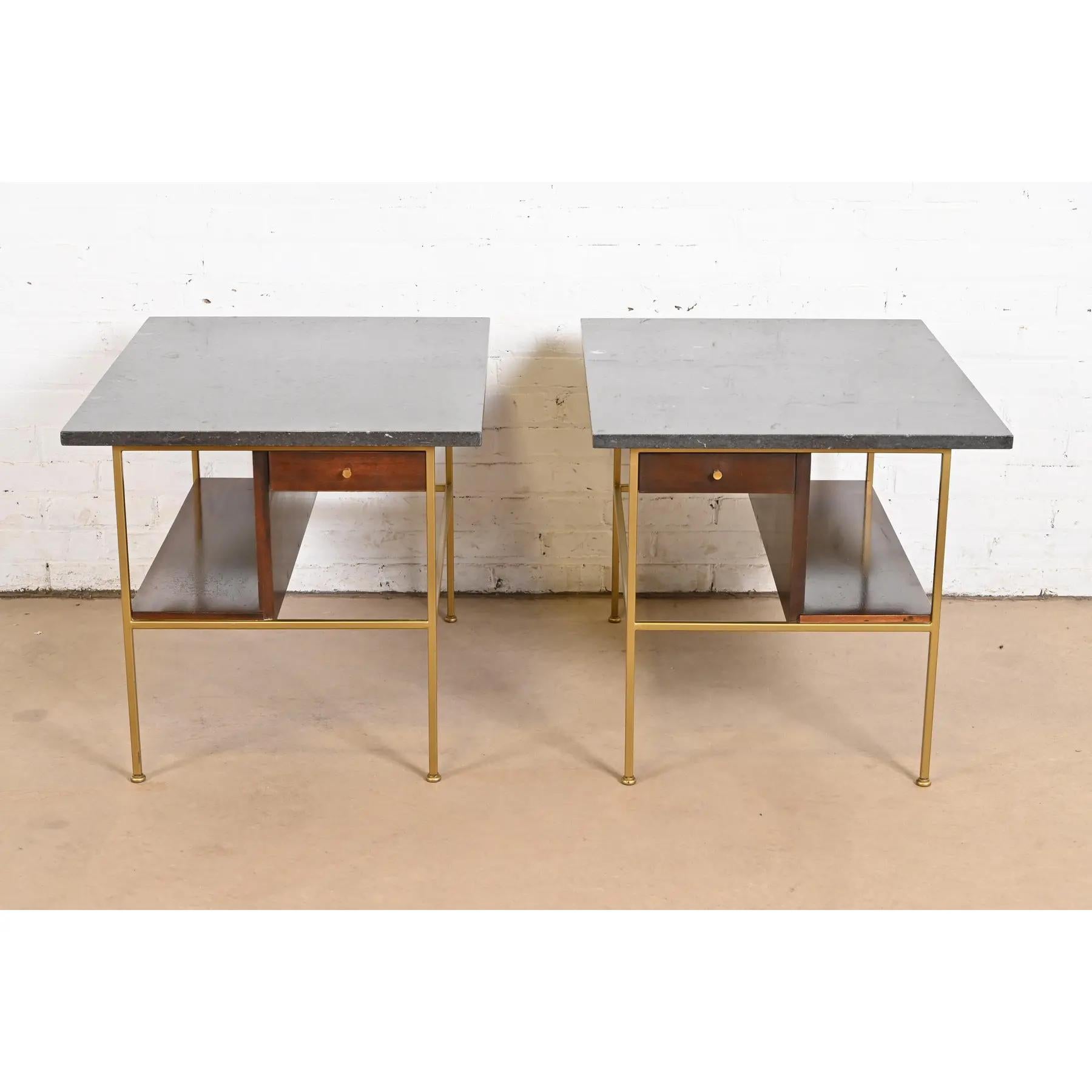 Mid-Century Modern Paul McCobb Irwin Collection Mahogany and Brass Marble Top Nightstands For Sale
