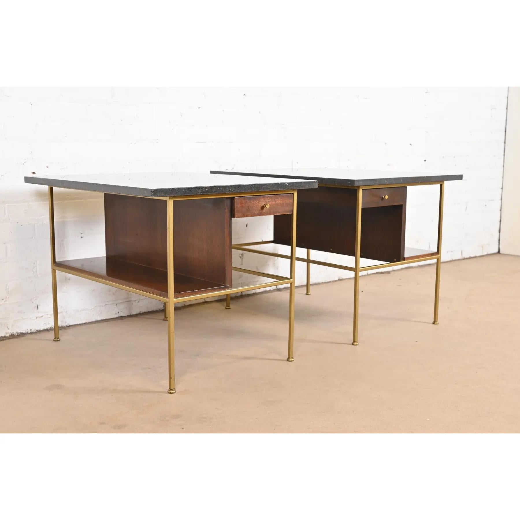 Paul McCobb Irwin Collection Mahogany and Brass Marble Top Nightstands In Good Condition For Sale In South Bend, IN