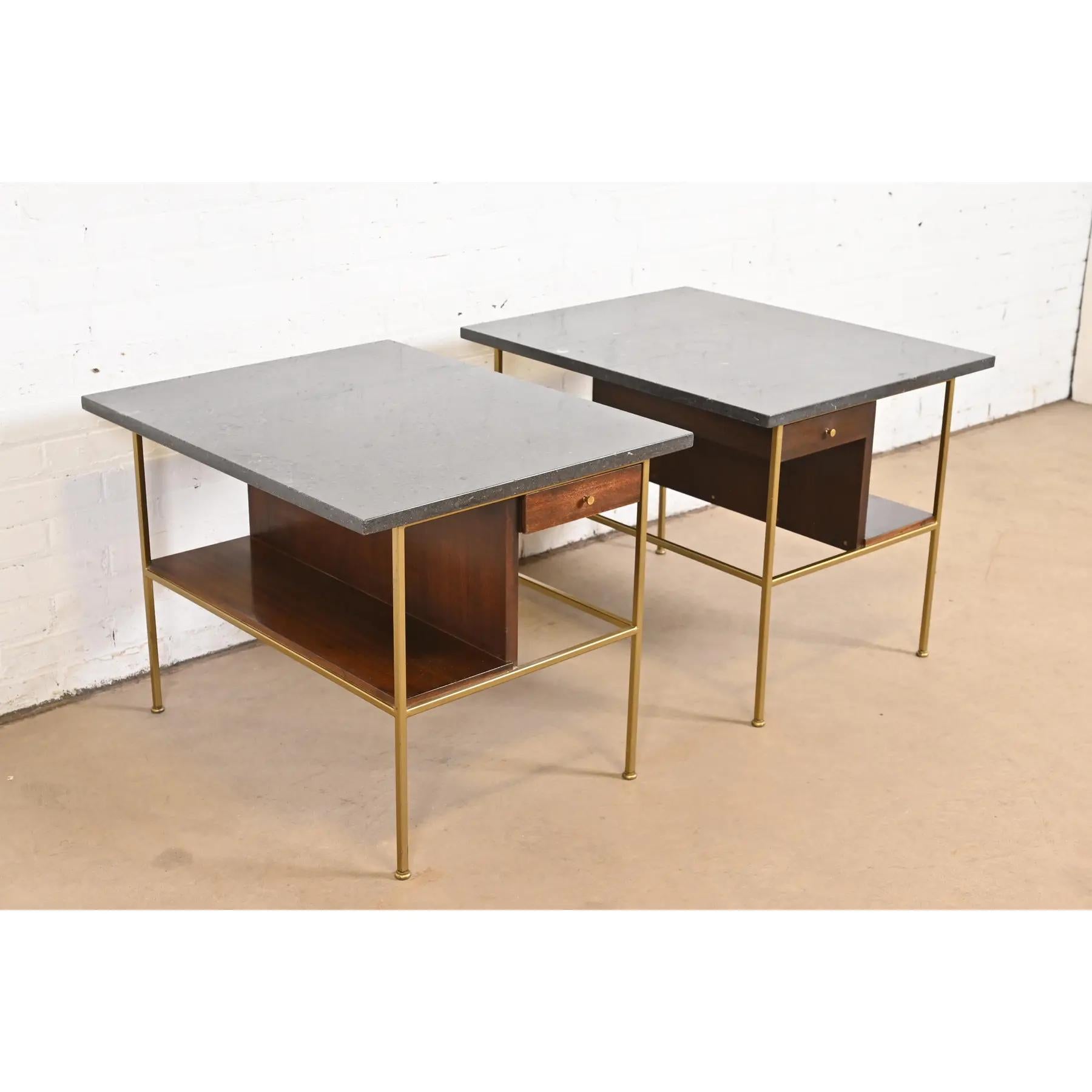 Mid-20th Century Paul McCobb Irwin Collection Mahogany and Brass Marble Top Nightstands For Sale
