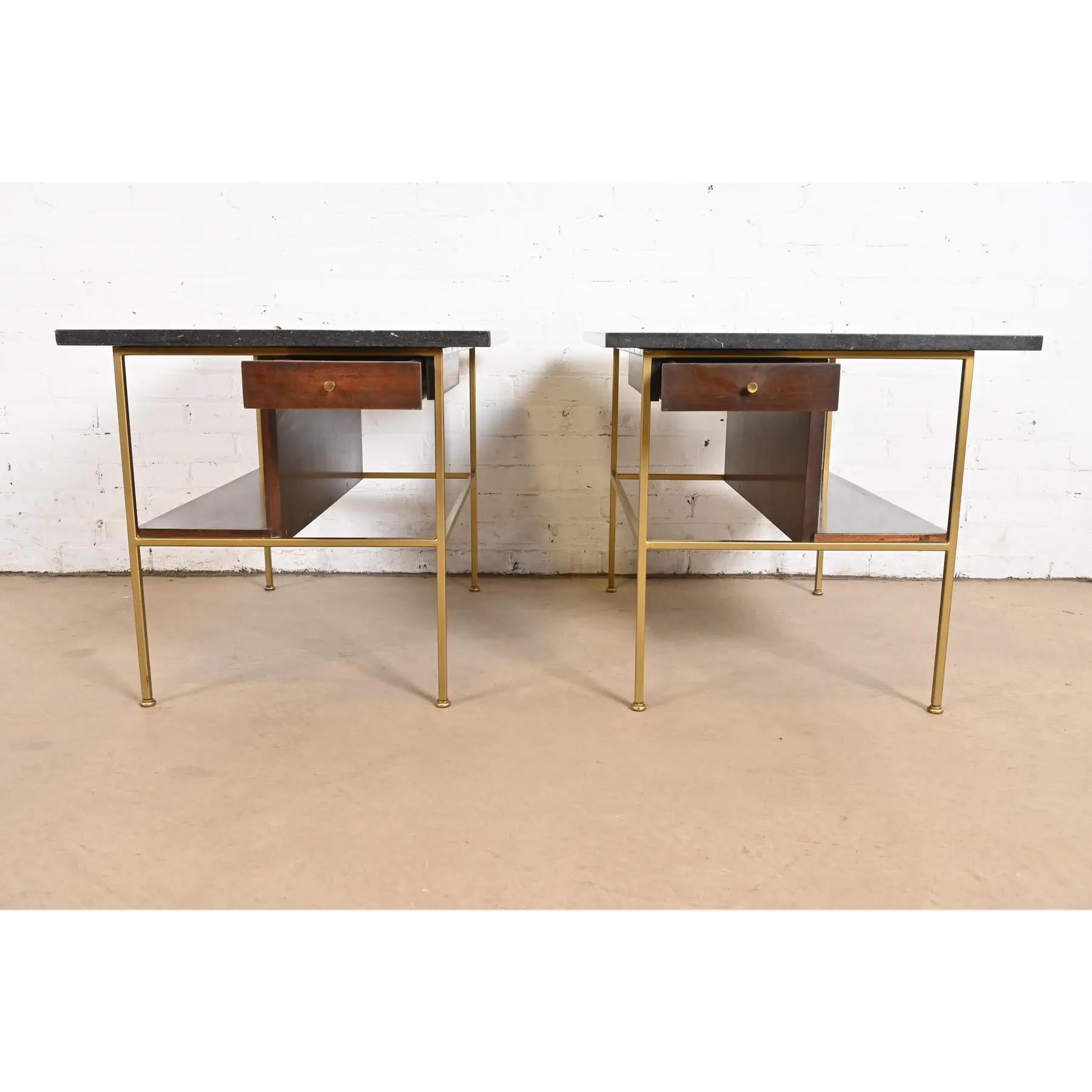 Paul McCobb Irwin Collection Mahogany and Brass Marble Top Nightstands For Sale 1