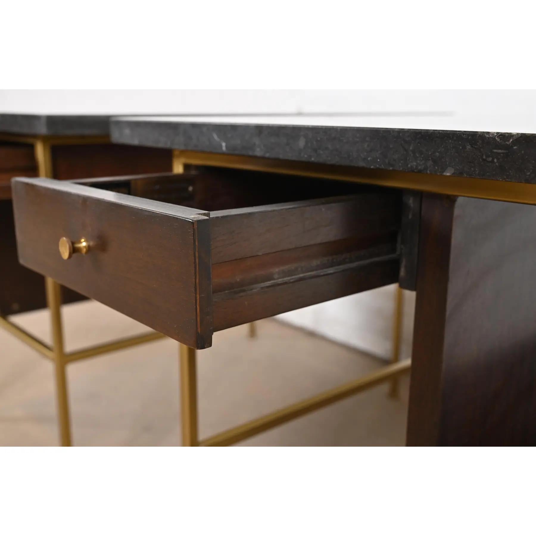 Paul McCobb Irwin Collection Mahogany and Brass Marble Top Nightstands For Sale 2
