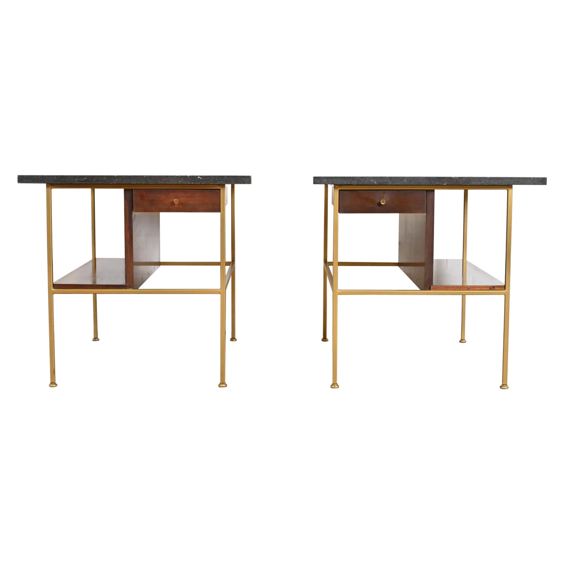 Paul McCobb Irwin Collection Mahogany and Brass Marble Top Nightstands