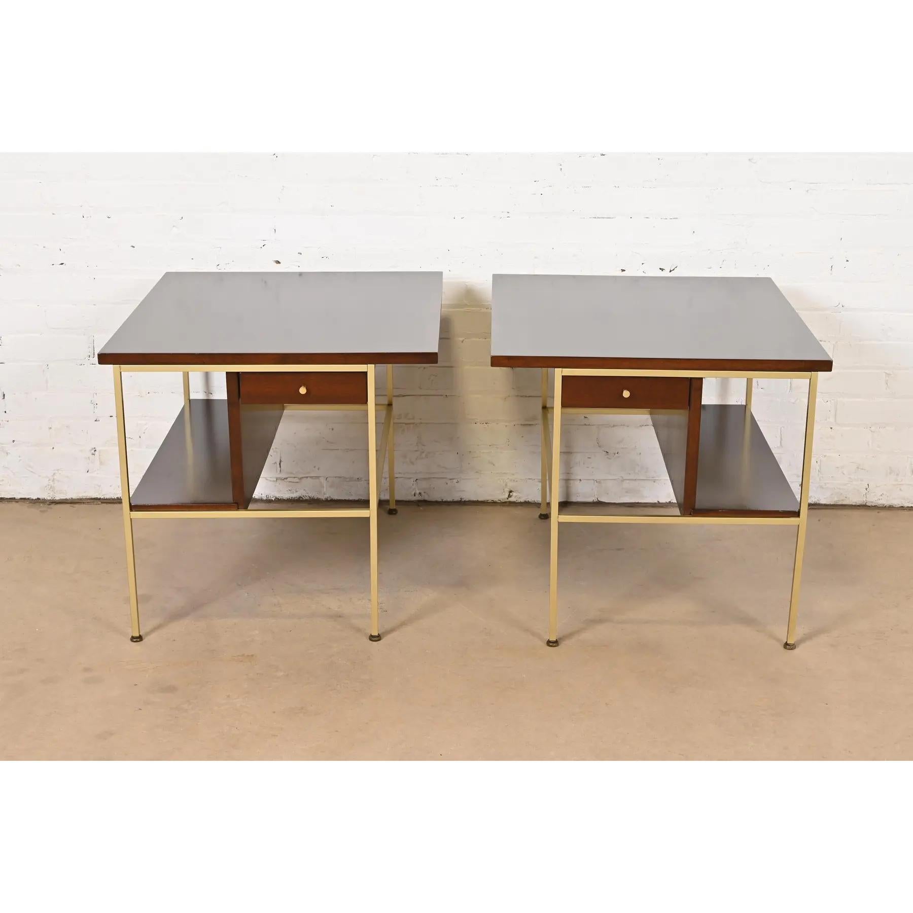 Mid-Century Modern Paul McCobb Irwin Collection Mahogany and Brass Nightstands, Newly Refinished For Sale