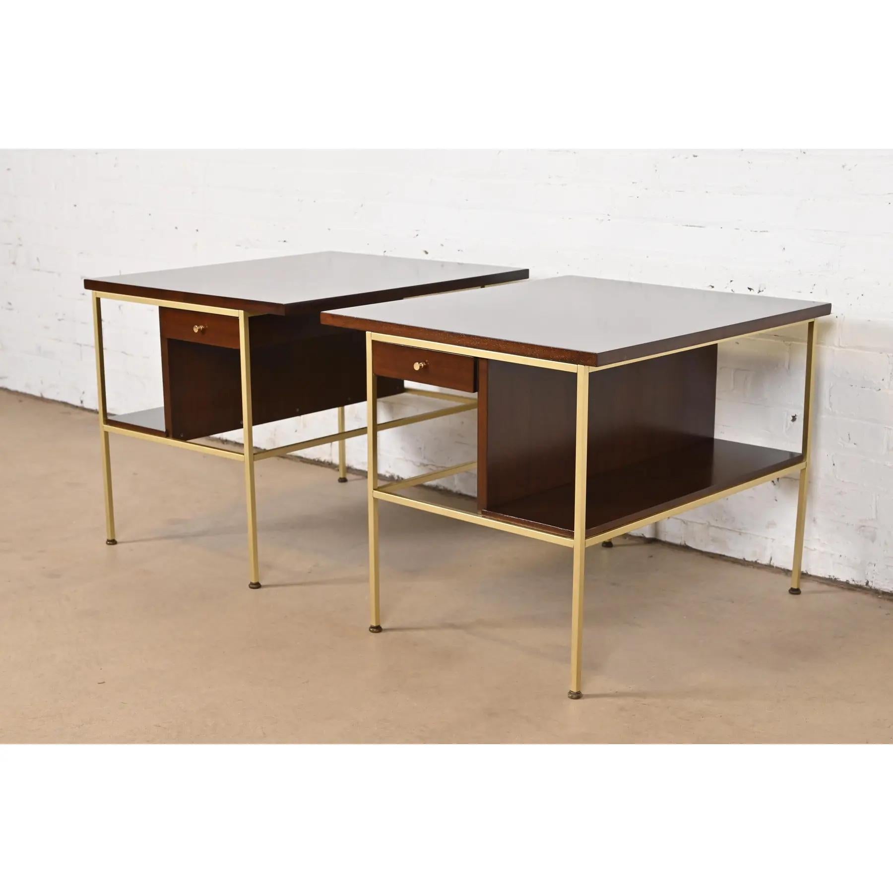 American Paul McCobb Irwin Collection Mahogany and Brass Nightstands, Newly Refinished For Sale