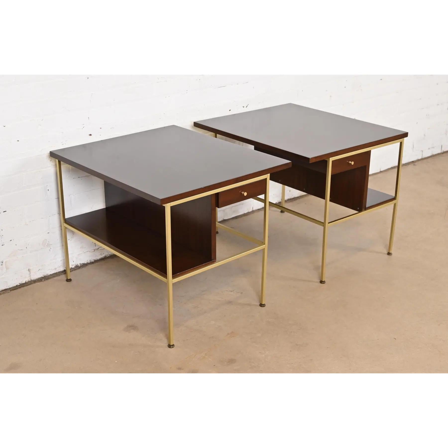 Paul McCobb Irwin Collection Mahogany and Brass Nightstands, Newly Refinished In Good Condition For Sale In South Bend, IN