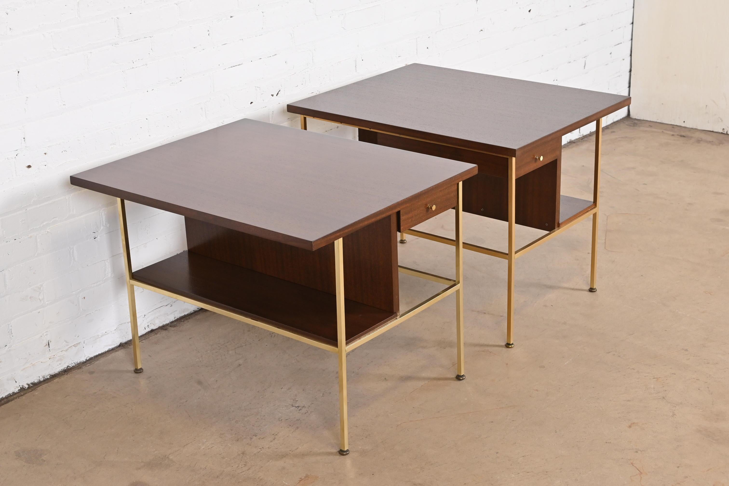 Mid-20th Century Paul McCobb Irwin Collection Mahogany and Brass Nightstands, Newly Refinished