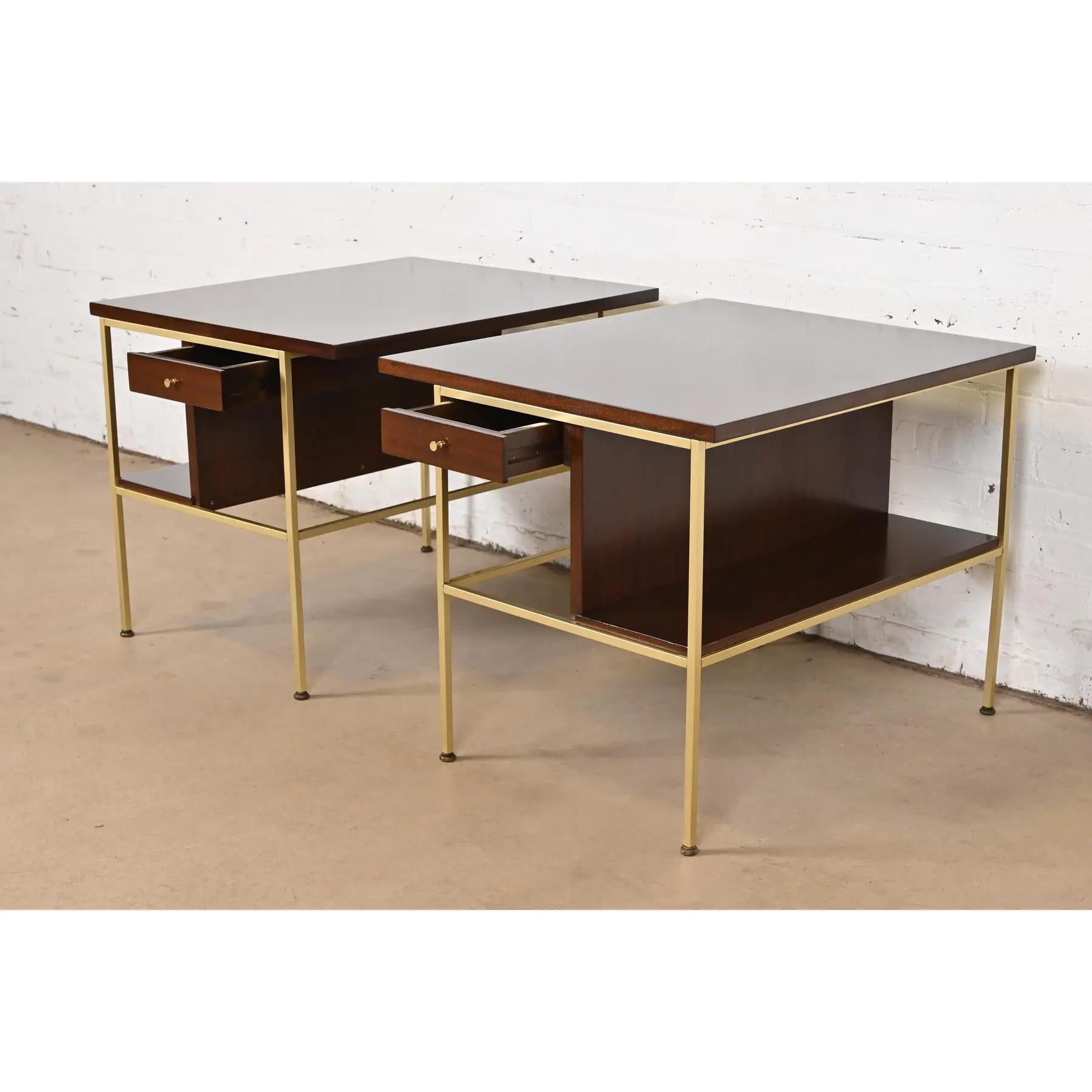 Paul McCobb Irwin Collection Mahogany and Brass Nightstands, Newly Refinished For Sale 1