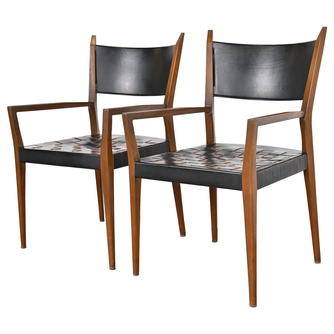 Colección Paul McCobb Irwin Sillones de caoba y piel tejida, Pareja