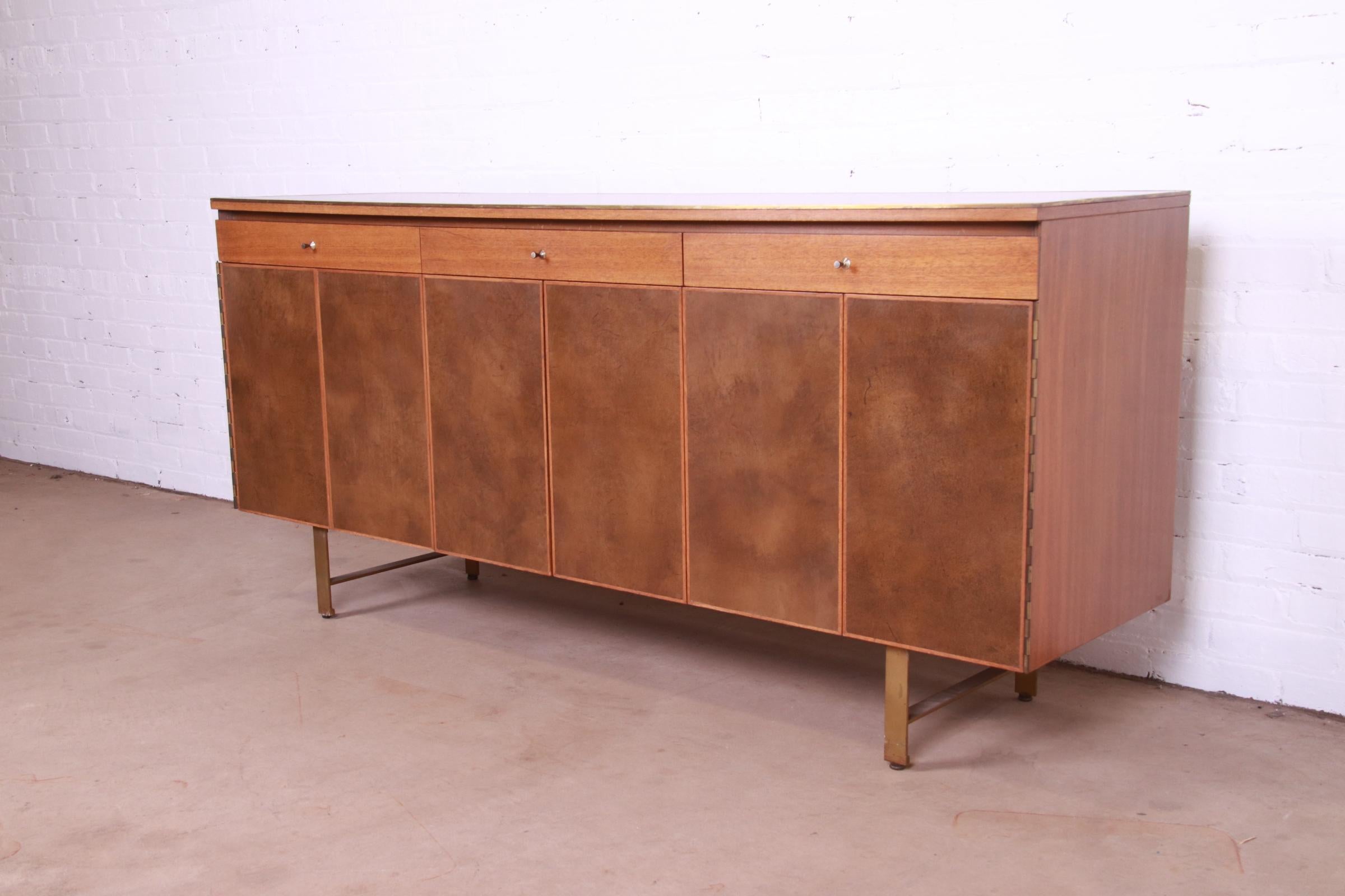 American Paul McCobb Irwin Collection Mahogany, Leather, and Brass Credenza, 1950s