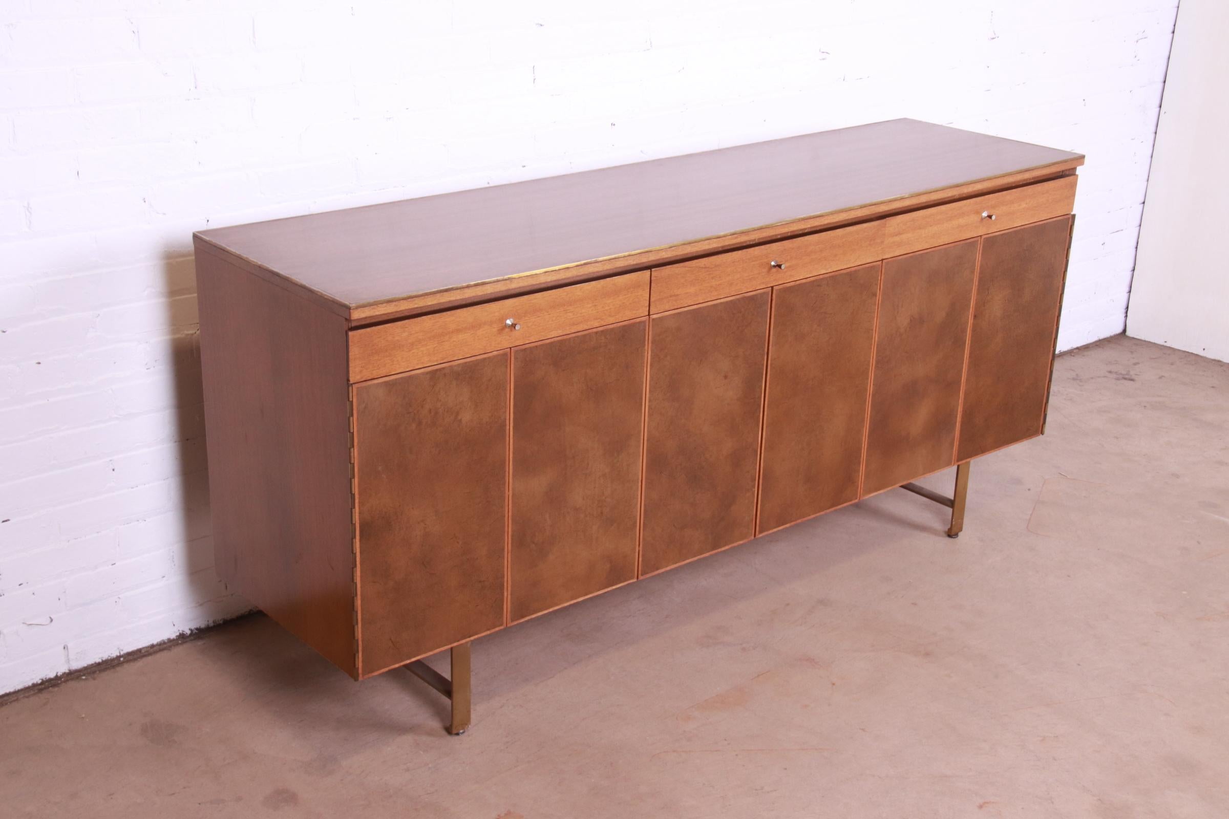 Mid-20th Century Paul McCobb Irwin Collection Mahogany, Leather, and Brass Credenza, 1950s