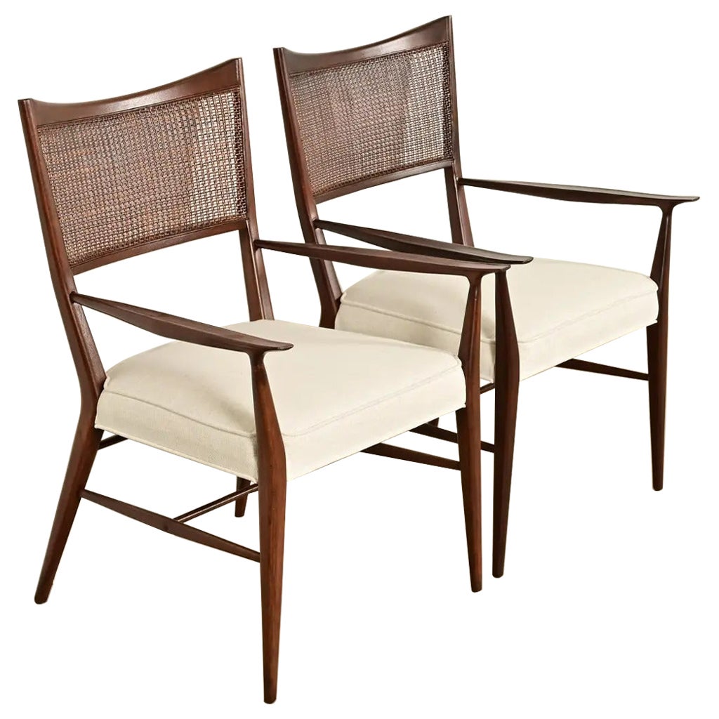 Paul McCobb Irwin Collection Mid-Century Modern Walnut Cane Back Armchairs, Pair