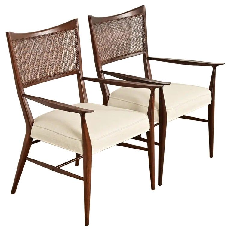 Paul McCobb Irwin Collection Mid-Century Modern Walnut Cane Back Armchairs, Pair