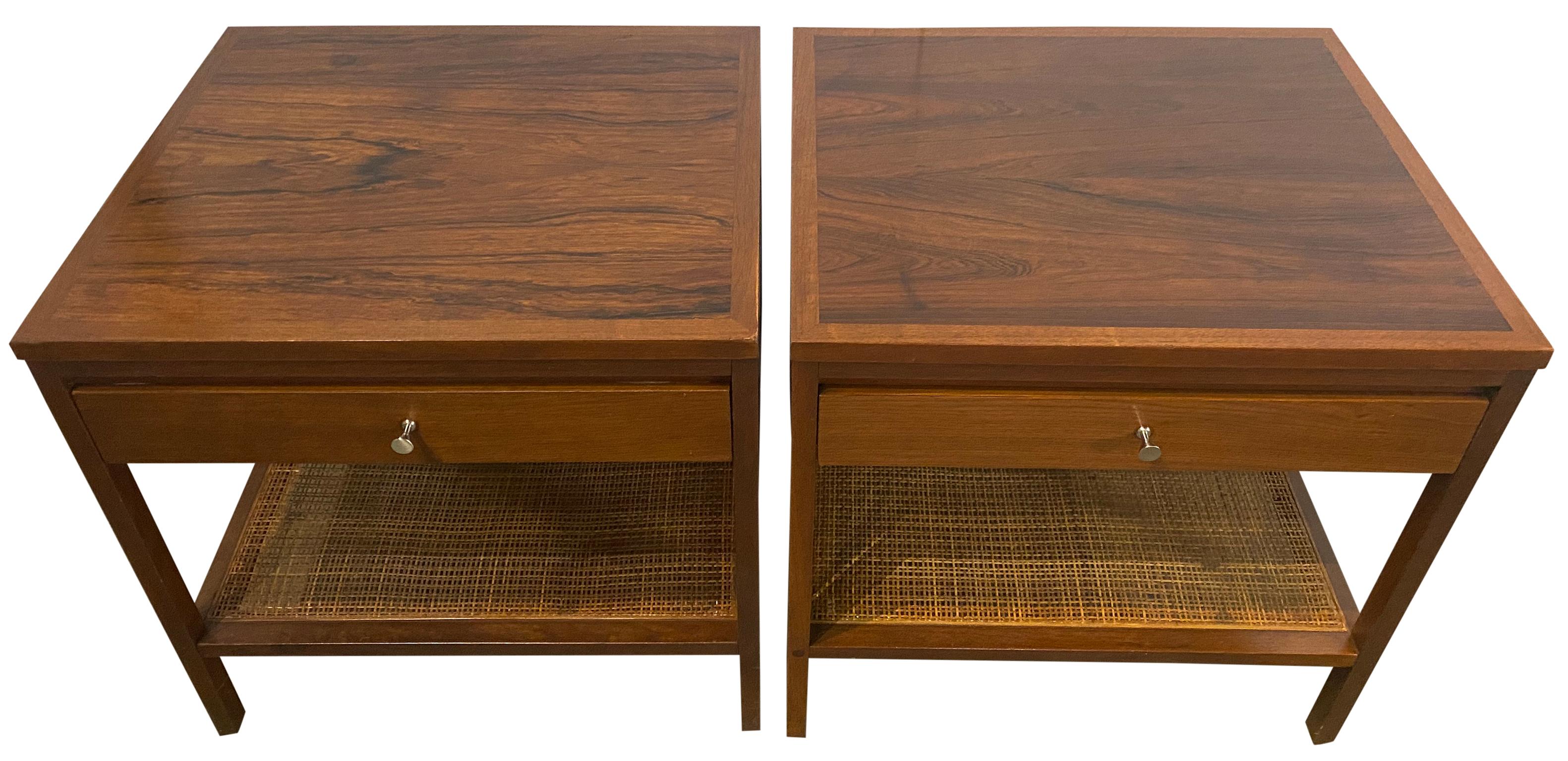 Beautiful pair of Paul McCobb for Lane rosewood/walnut pair of nightstands side lamp tables with lower cane shelf stunning. Geometric Paul McCobb design. Very rare nightstands labeled Lane Alta-vista/delineator furniture line. Rare set high quality
