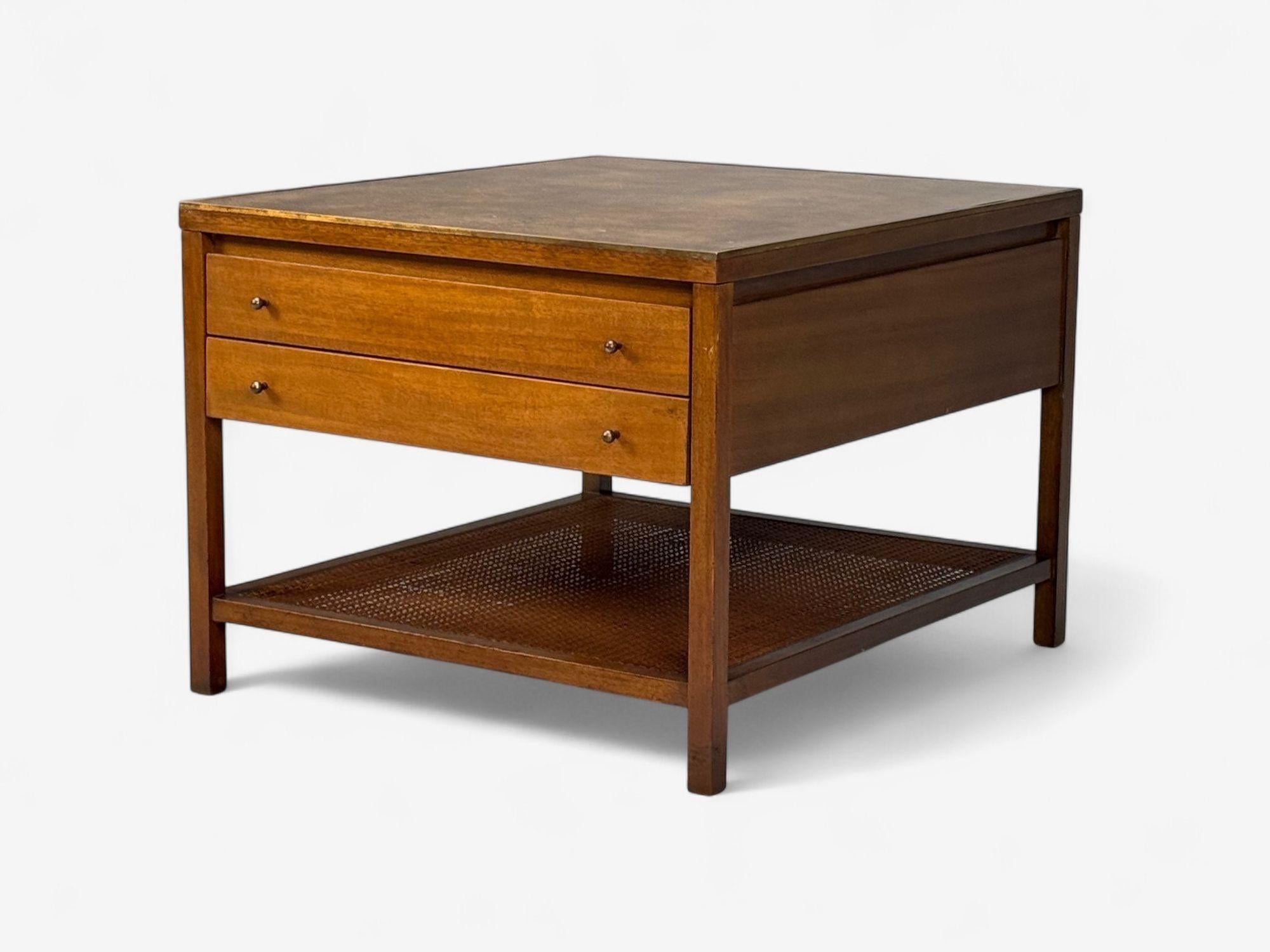 American Paul McCobb, Leather, Cane, Brass, Side Table, USA, 1950s For Sale