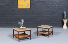 Paul McCobb Leather Top Side Tables w/ Cane Shelves for Calvin Furniture