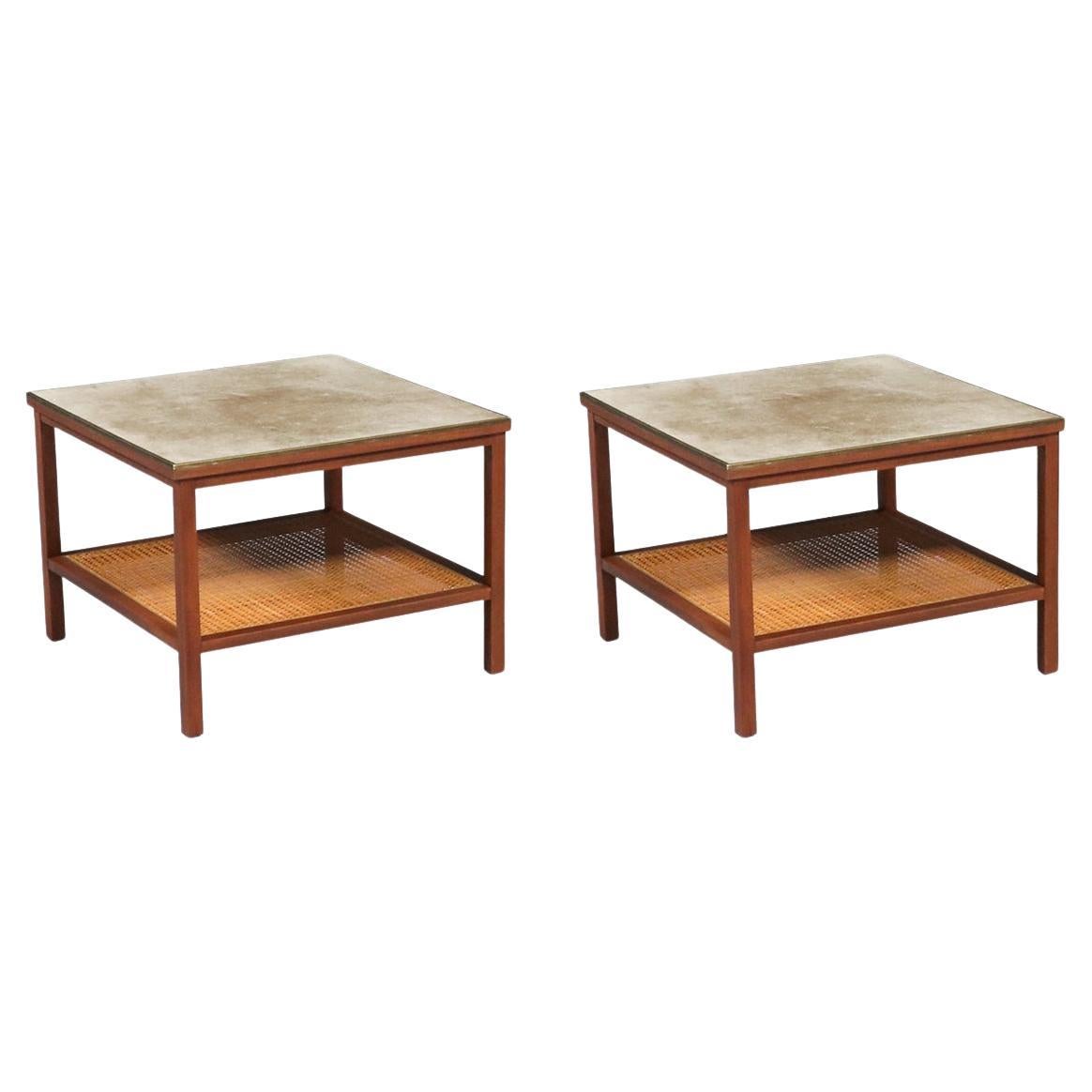 Paul McCobb Tables d'appoint en cuir avec étagères en rotin pour Calvin Furniture en vente