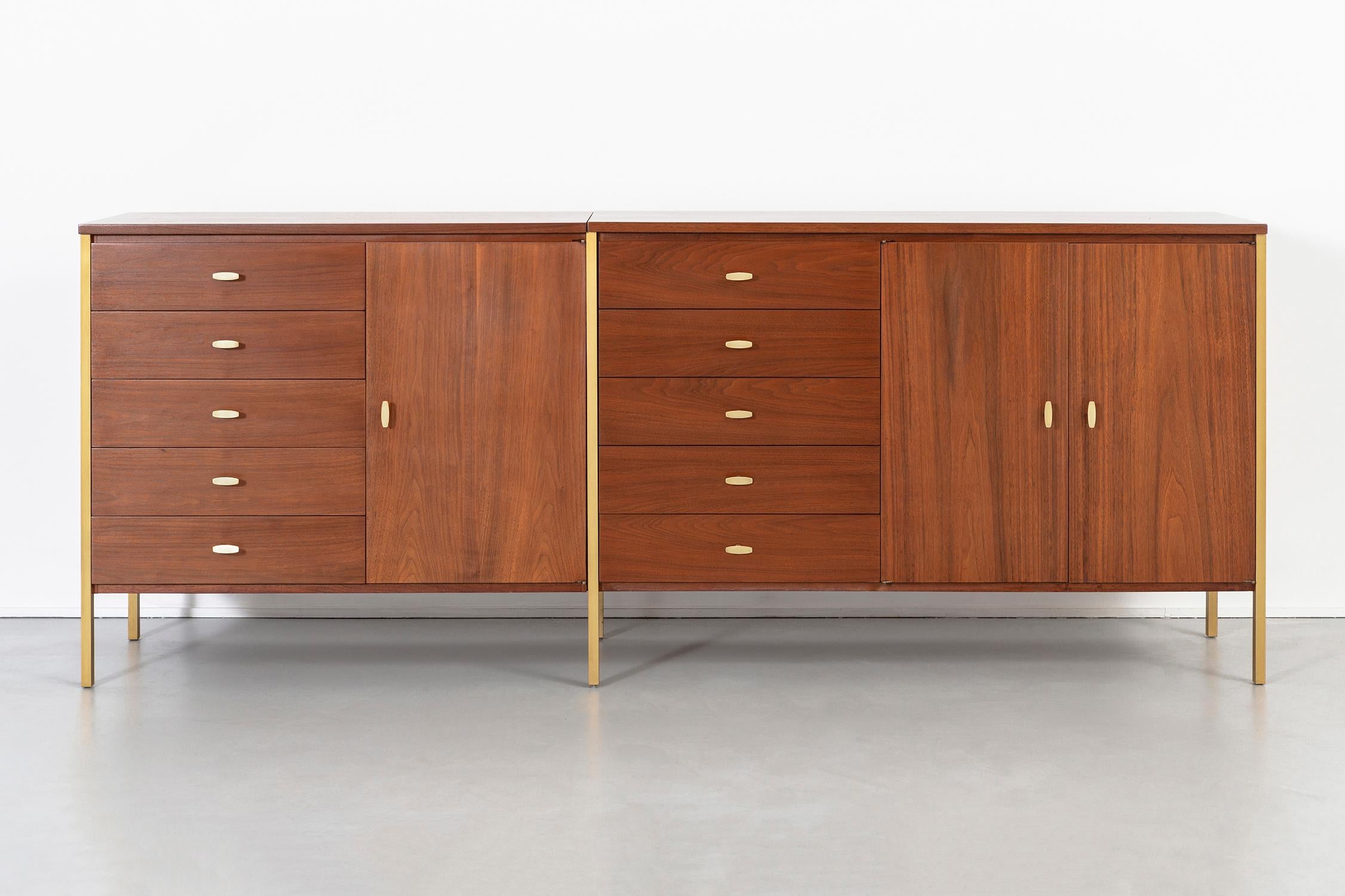 Credenza

Designed by Paul McCobb Living Wall Collection for H. Sacks and Sons

USA, circa 1958.

Walnut and brass

Measures: 32 ¼” H x 68” W x 21 ¼” D.