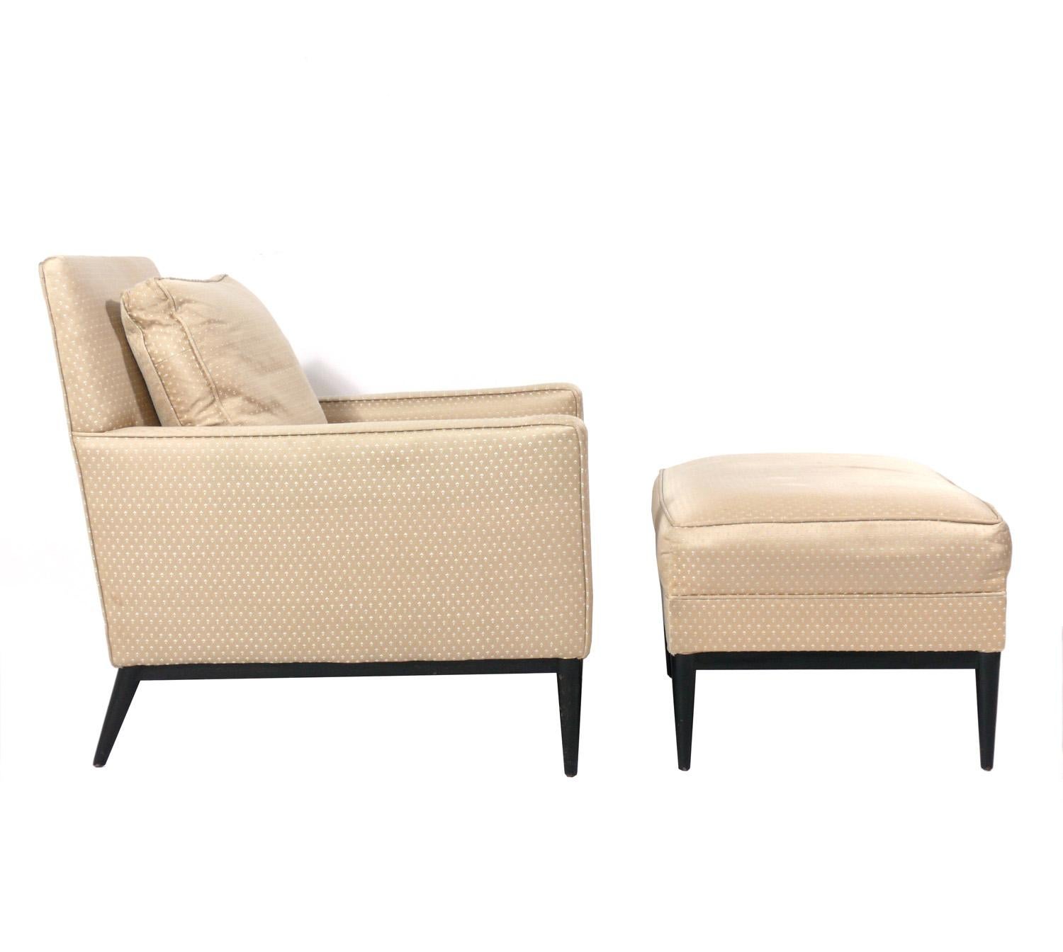 Clean Lined Mid-Century Modern lounge chair and ottoman, designed by Paul McCobb, American, circa 1950s. This chair and ottoman are currently being refinished and reupholstered and can be completed in your choice of finish color and in your fabric.