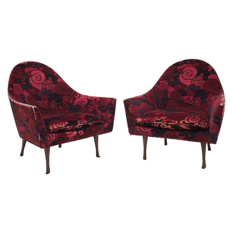 Paul McCobb Lounge Chairs with Rare Original Vintage Jack Lenor Larsen Fabric  For Sale