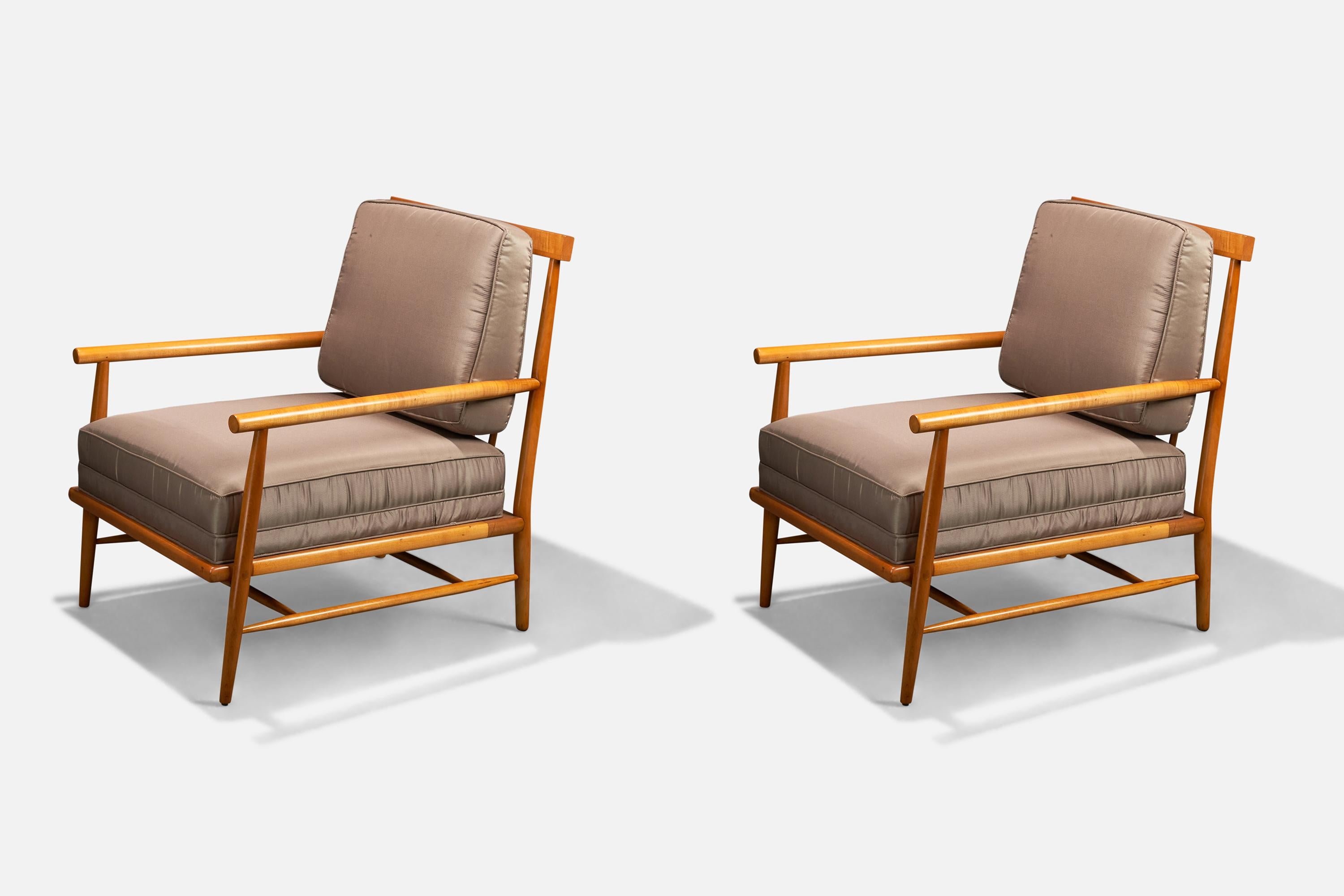 A pair of maple and grey fabric lounge chairs designed by Paul McCobb and produced by O'Hearn Furniture, USA, 1952.