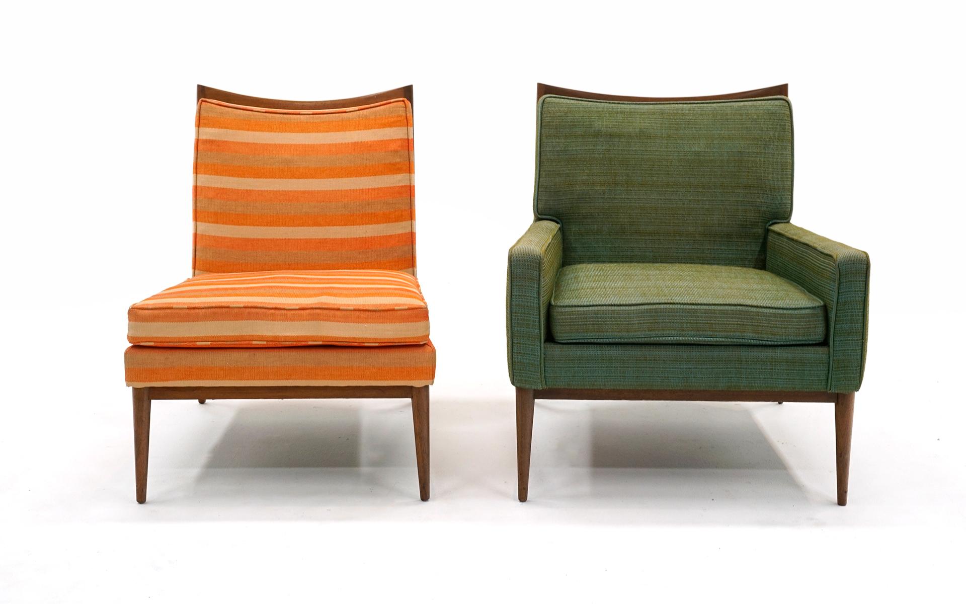 Paul McCobb Lounge Chairs models 1320, the armless version and 1322, the version with arms.  Price is for each.  Signed with the Custom Craft label.  Both have walnut frames in great structural condition while retaining their original fabric.  The
