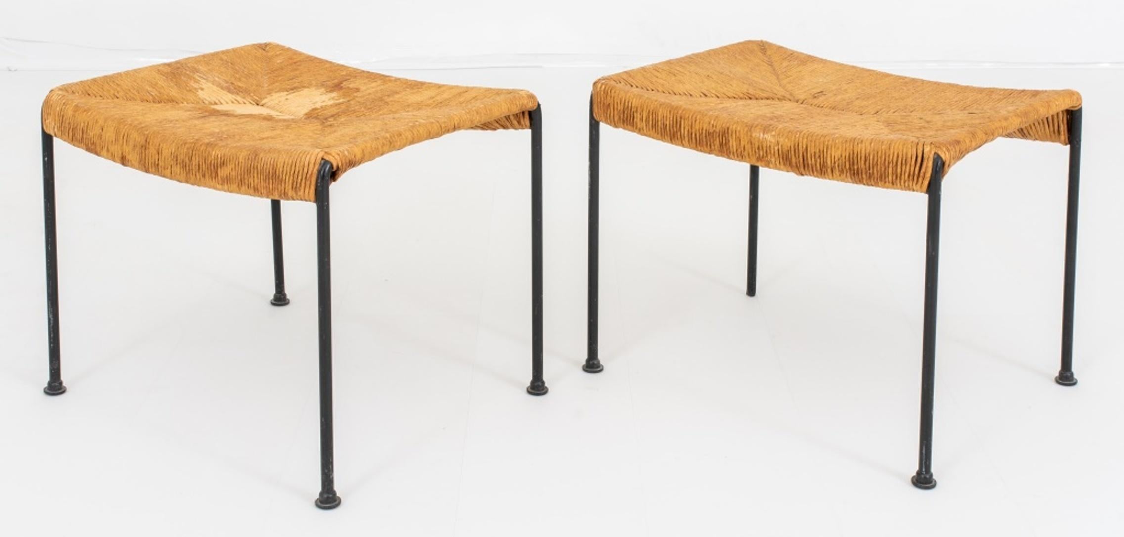 Pair of jute rope-wrapped iron benches in the manner of Paul McCobb (American, 1917-1969), rectangular with woven jute rope seats on straight wrought iron legs. 

Dealer: S138XX