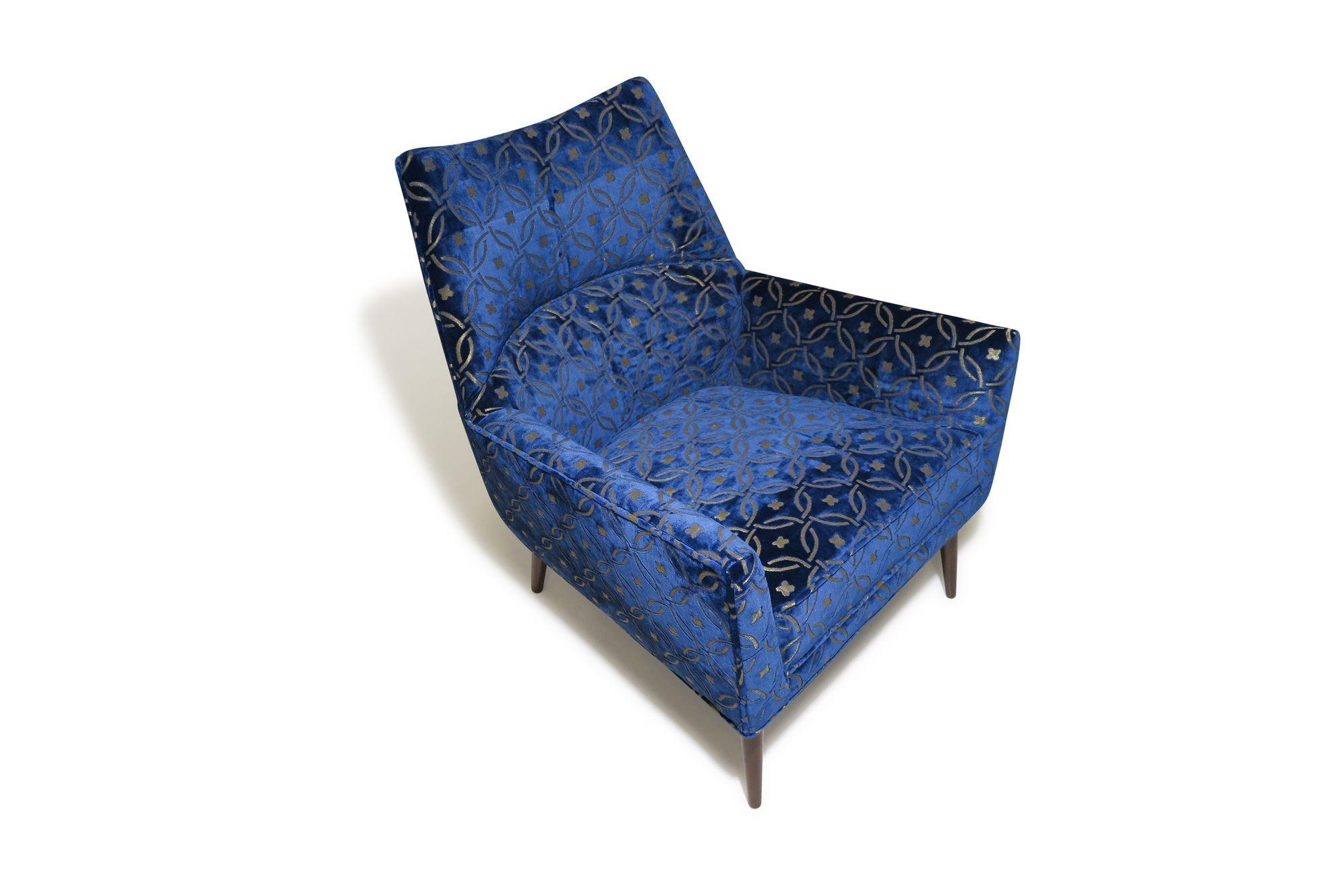 American Paul McCobb Mid-century Upholstered Lounge Chair in a Blue Velvet For Sale