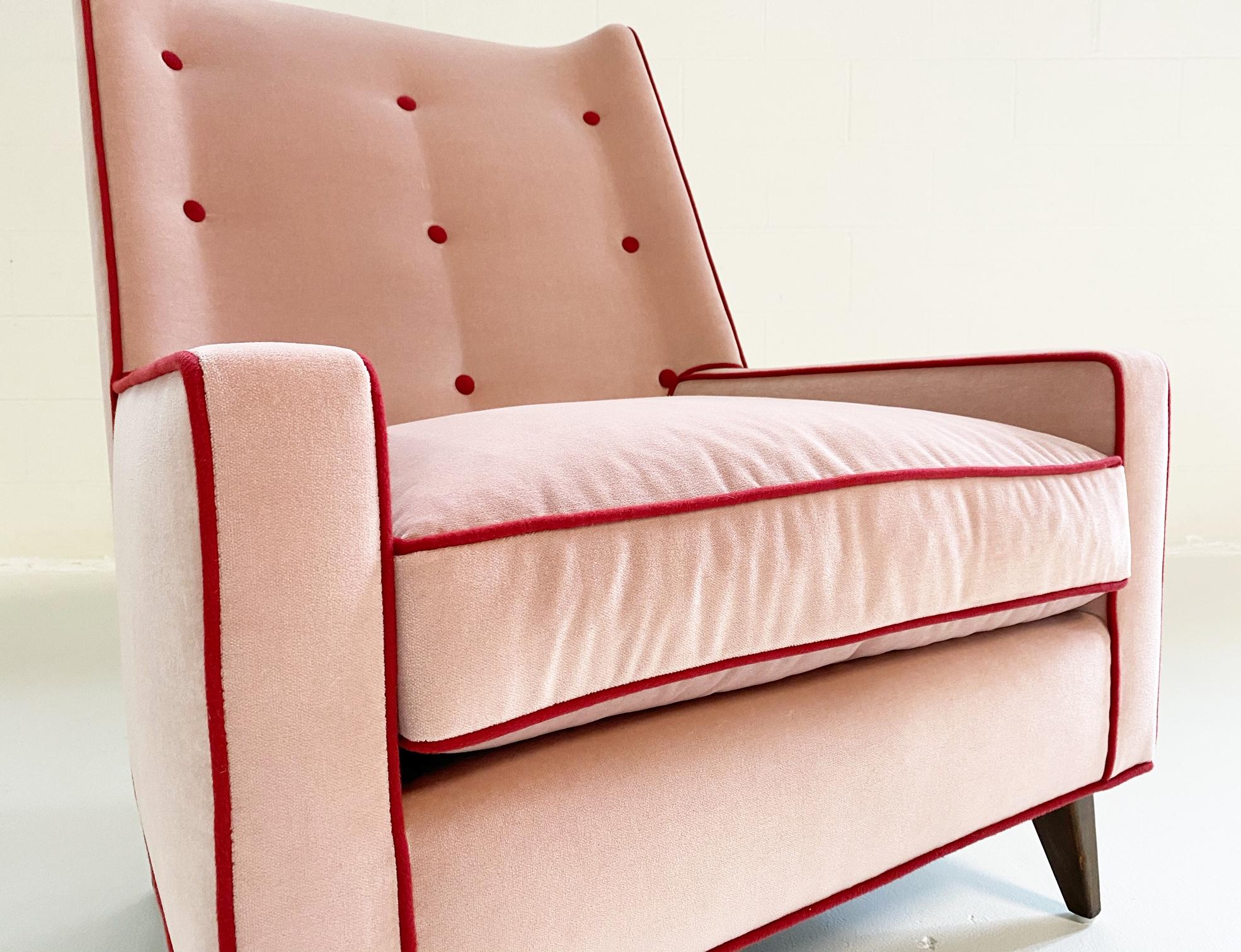 Completely restored and masterfully reupholstered in Schumacher's Hardy but smooth Rocky Performance velvet, this McCobb high back lounge chair is ready and waiting for your beautiful room. We paired the blush velvet with the high contrast, softer