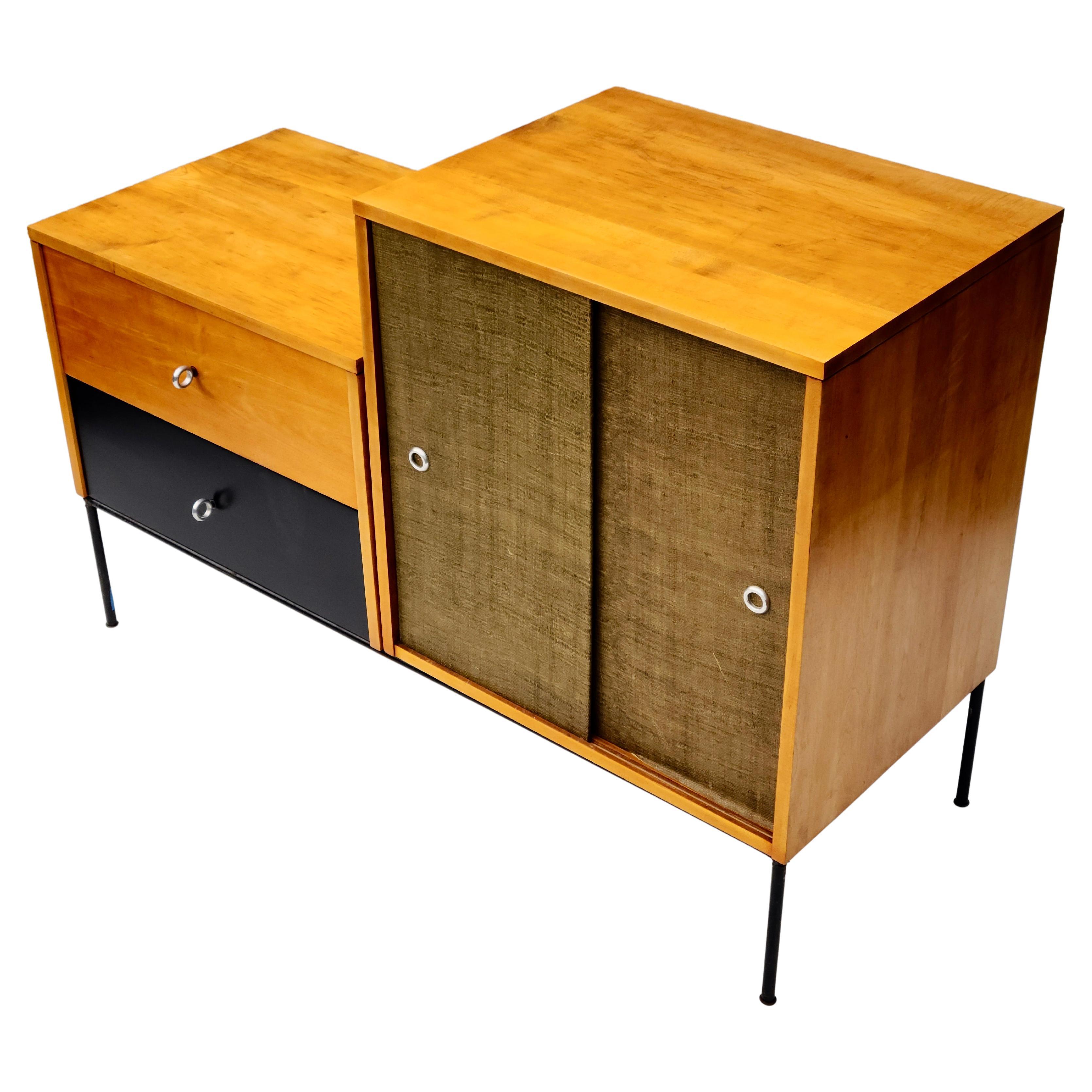 Paul McCobb Modular Credenza Grasscloth Doors on Iron Base In Good Condition In Fraser, MI