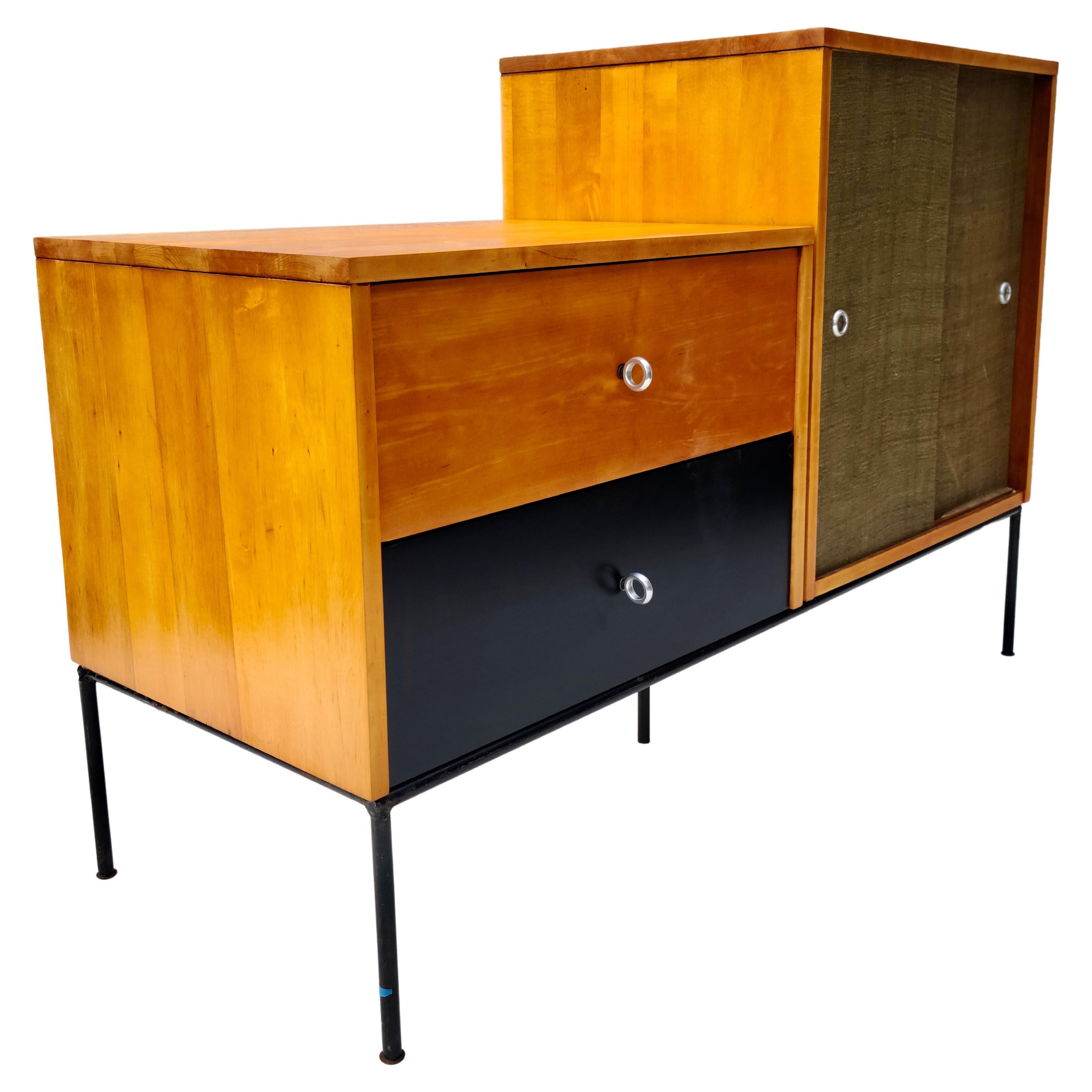 Mid-20th Century Paul McCobb Modular Credenza Grasscloth Doors on Iron Base For Sale