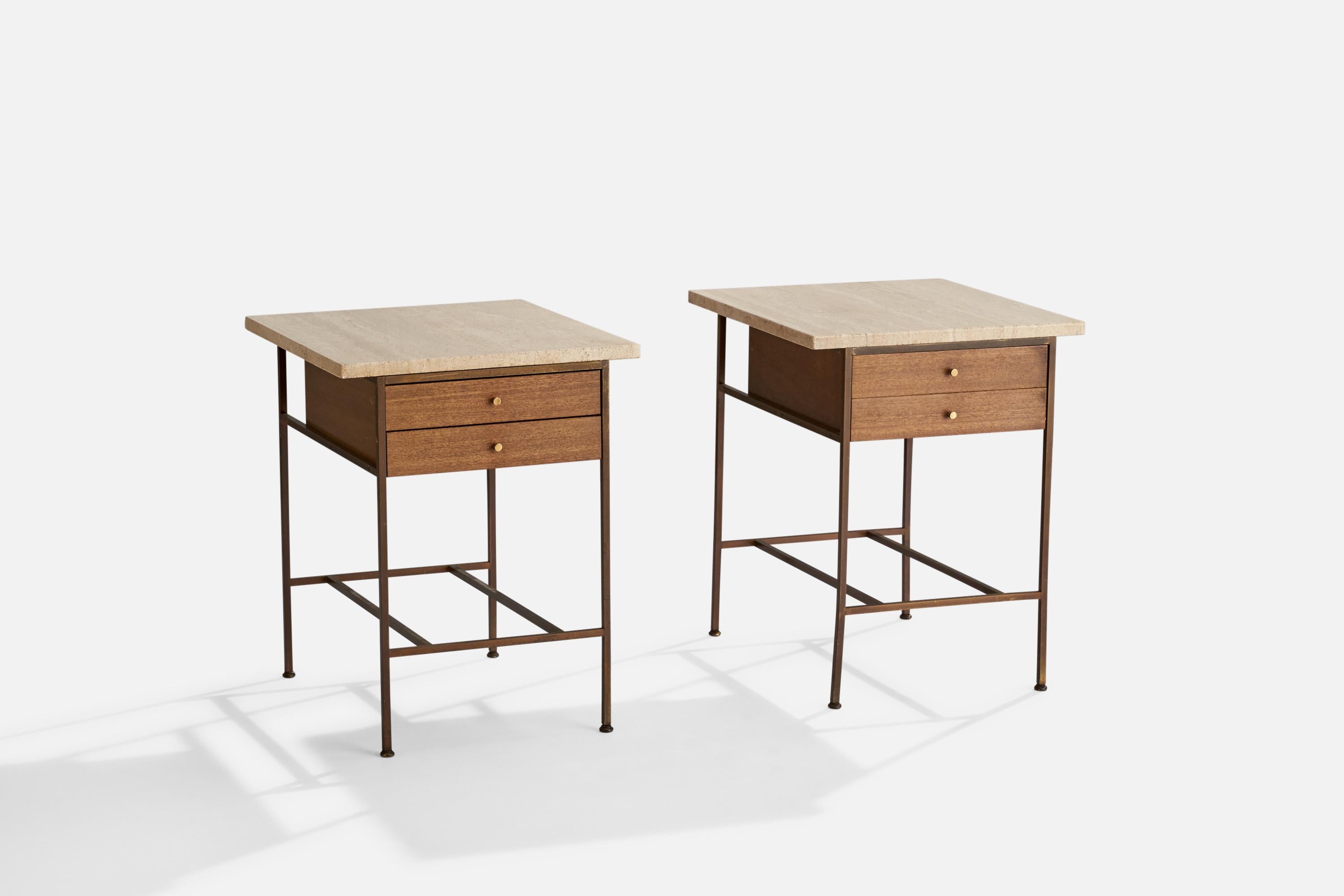 A pair of brass, walnut and travertine nightstands designed by Paul McCobb and produced by Calvin Furniture, USA, 1960s.