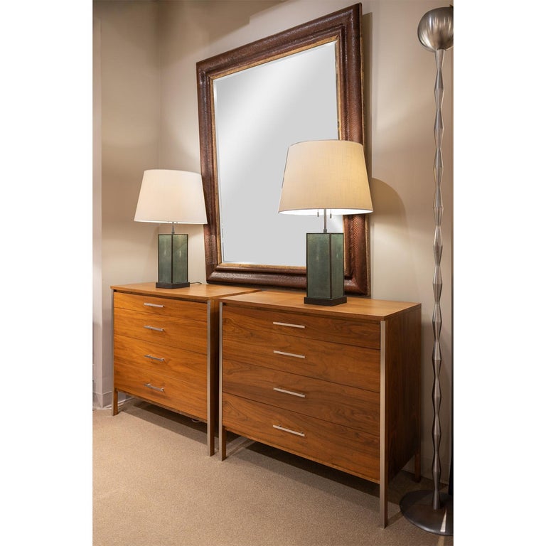 Mid-20th Century Paul McCobb Pair of Bedside Chests in Walnut and Aluminum, 1960s For Sale