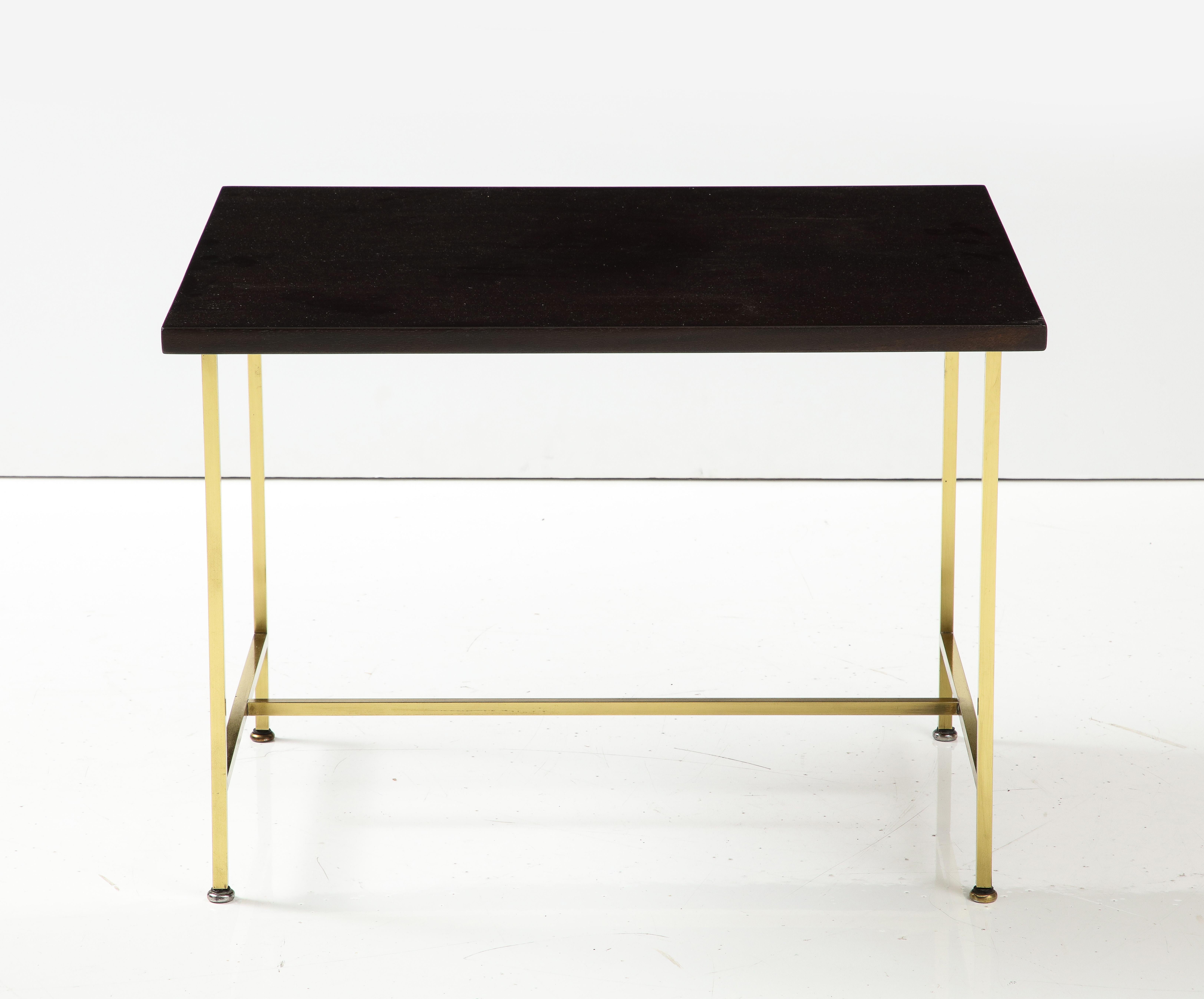 American Paul McCobb Pair of Dark Brown Mid-Century Modern Tables with Brass Bases