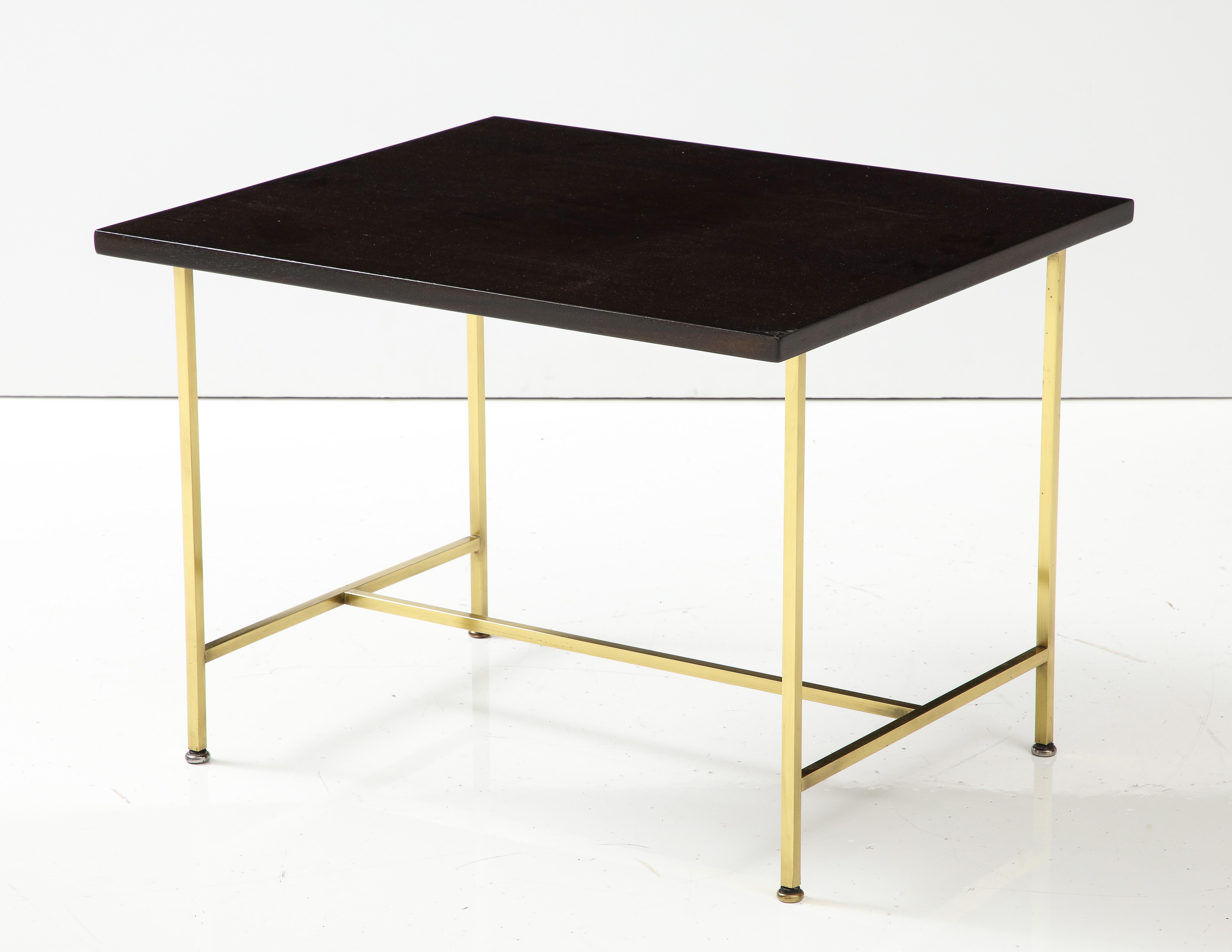 Lacquered Paul McCobb Pair of Dark Brown Mid-Century Modern Tables with Brass Bases