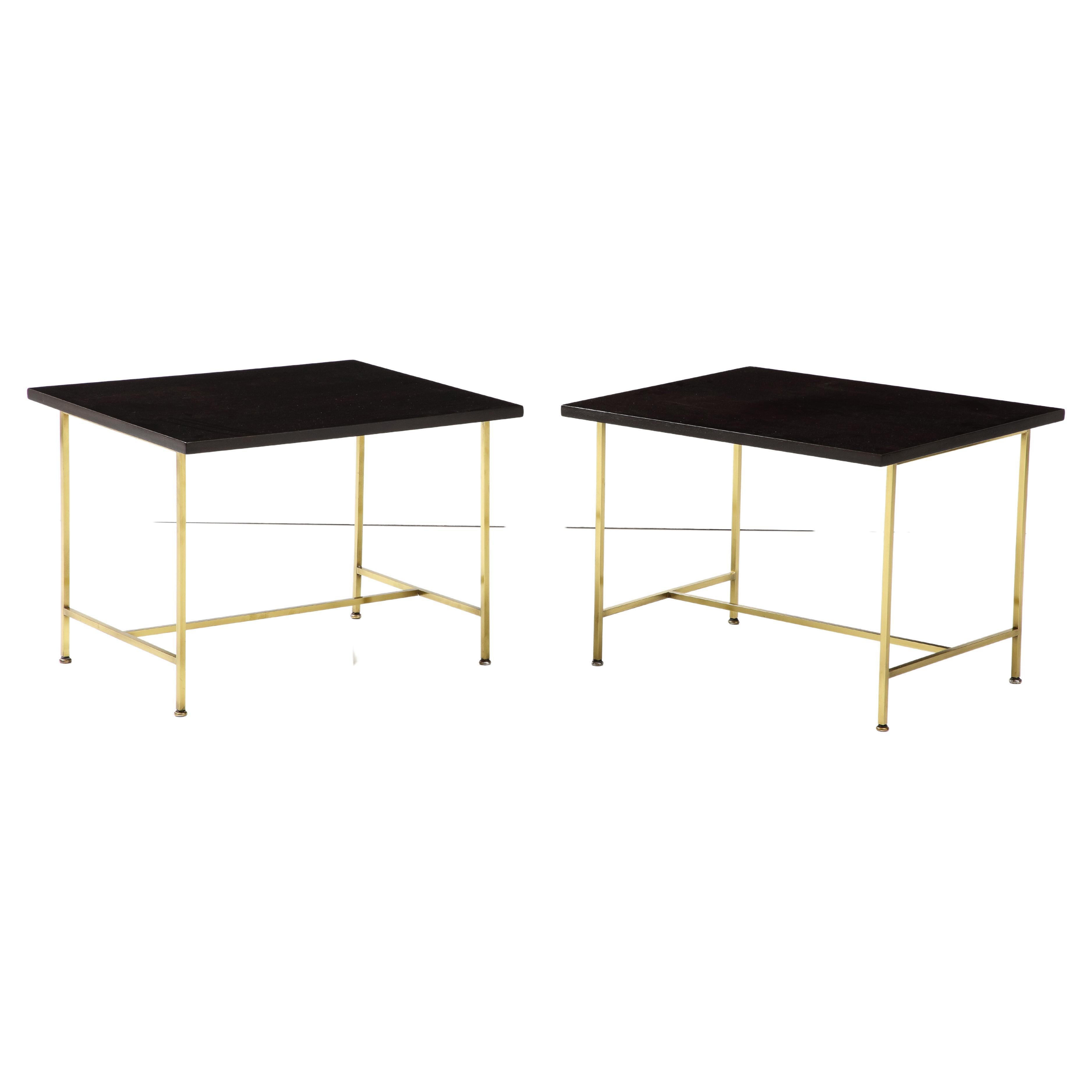 Paul McCobb - Paire de tables marron foncé de style mi-siècle moderne avec bases en laiton