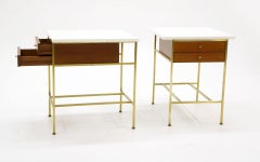 Paul McCobb Pair Side Tables / Nightstands, Brass, Mahogany, White Milk Glass.