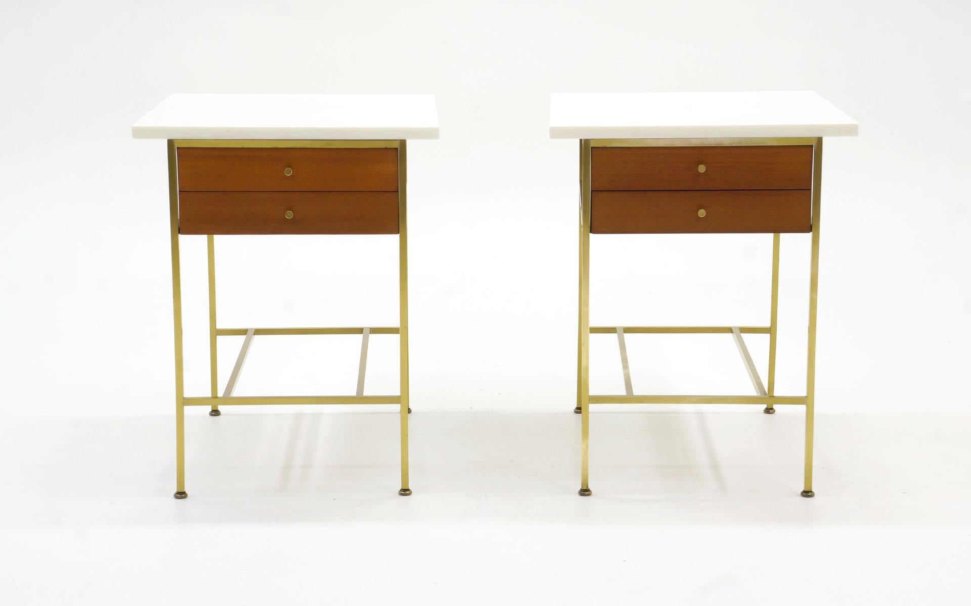 Mid-Century Modern Paul McCobb Pair Side Tables / Nightstands, Brass, Mahogany, White Milk Glass.