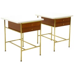 Paul McCobb Pair Side Tables / Nightstands, Brass, Mahogany, White Milk Glass.