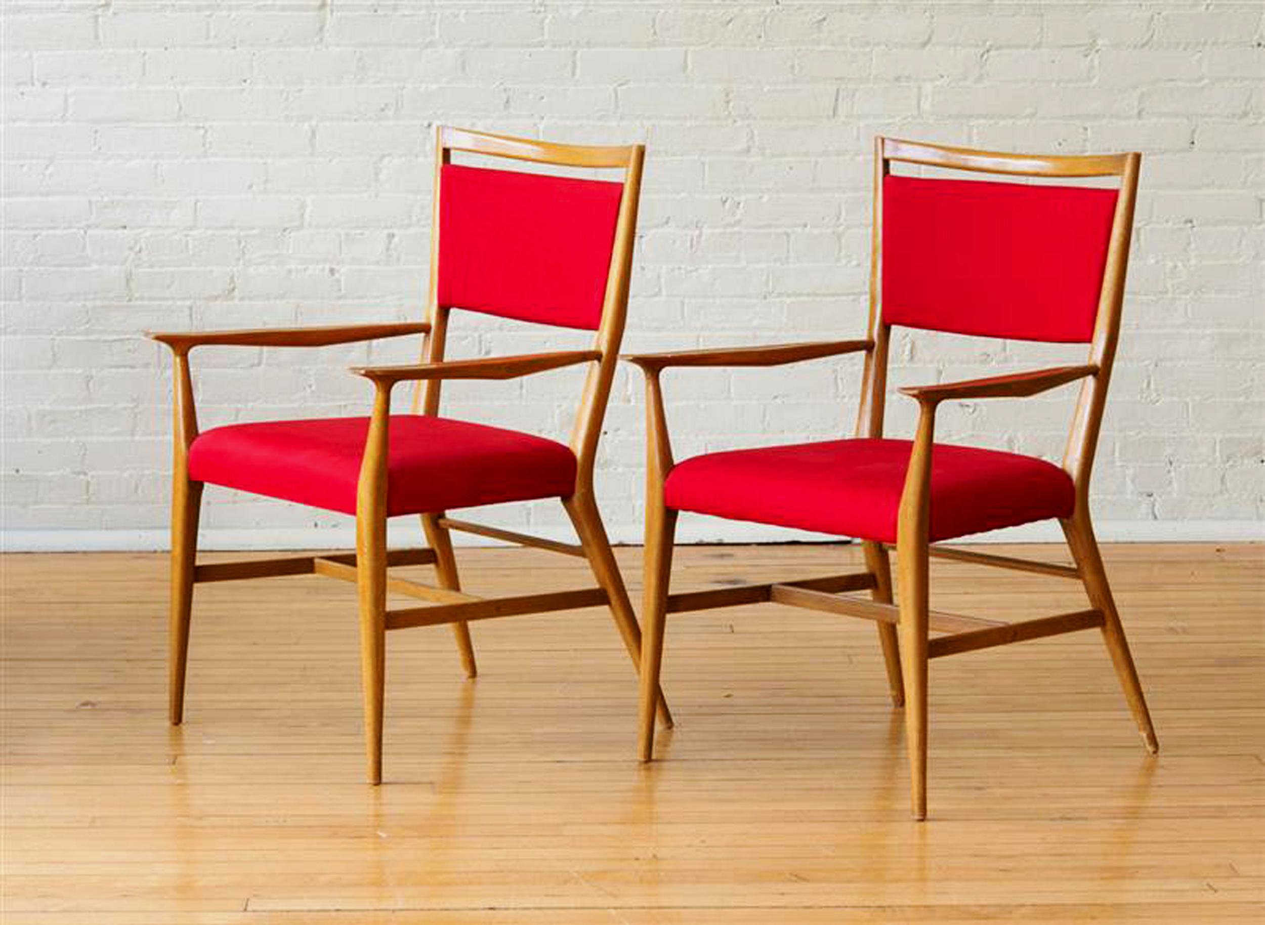 American Paul McCobb Pair of Red Upholstered Armchairs, 1950s