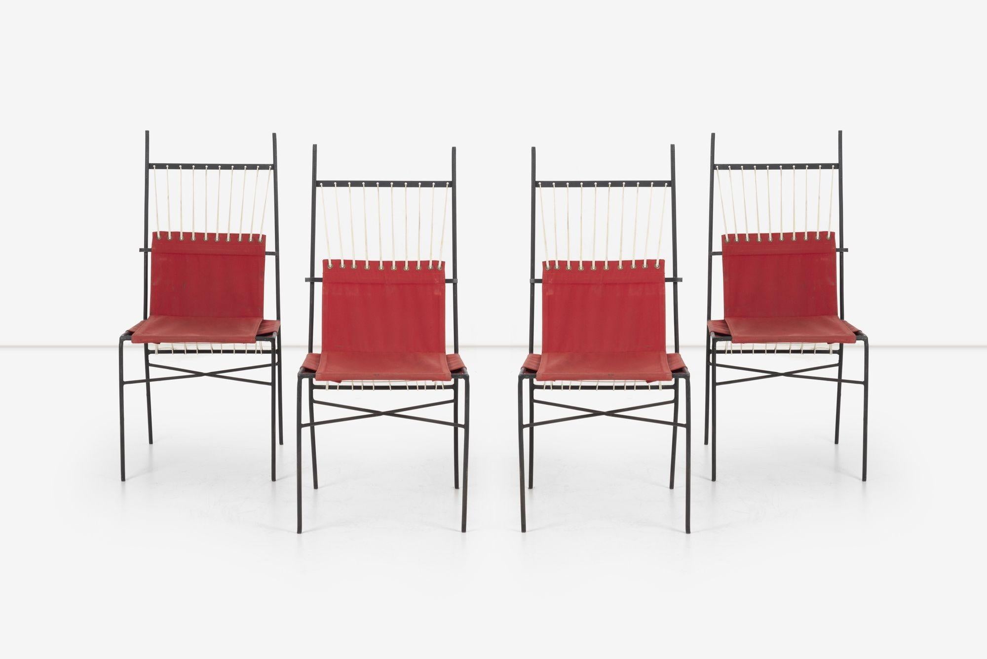 Paul McCobb Pavilion Collection Dining Chairs for Arbuck Set of Four, rare set, vintage
Can be used in an indoor or outdoor setting
enameled steel, with red canvas and rope
39¾ high × 18