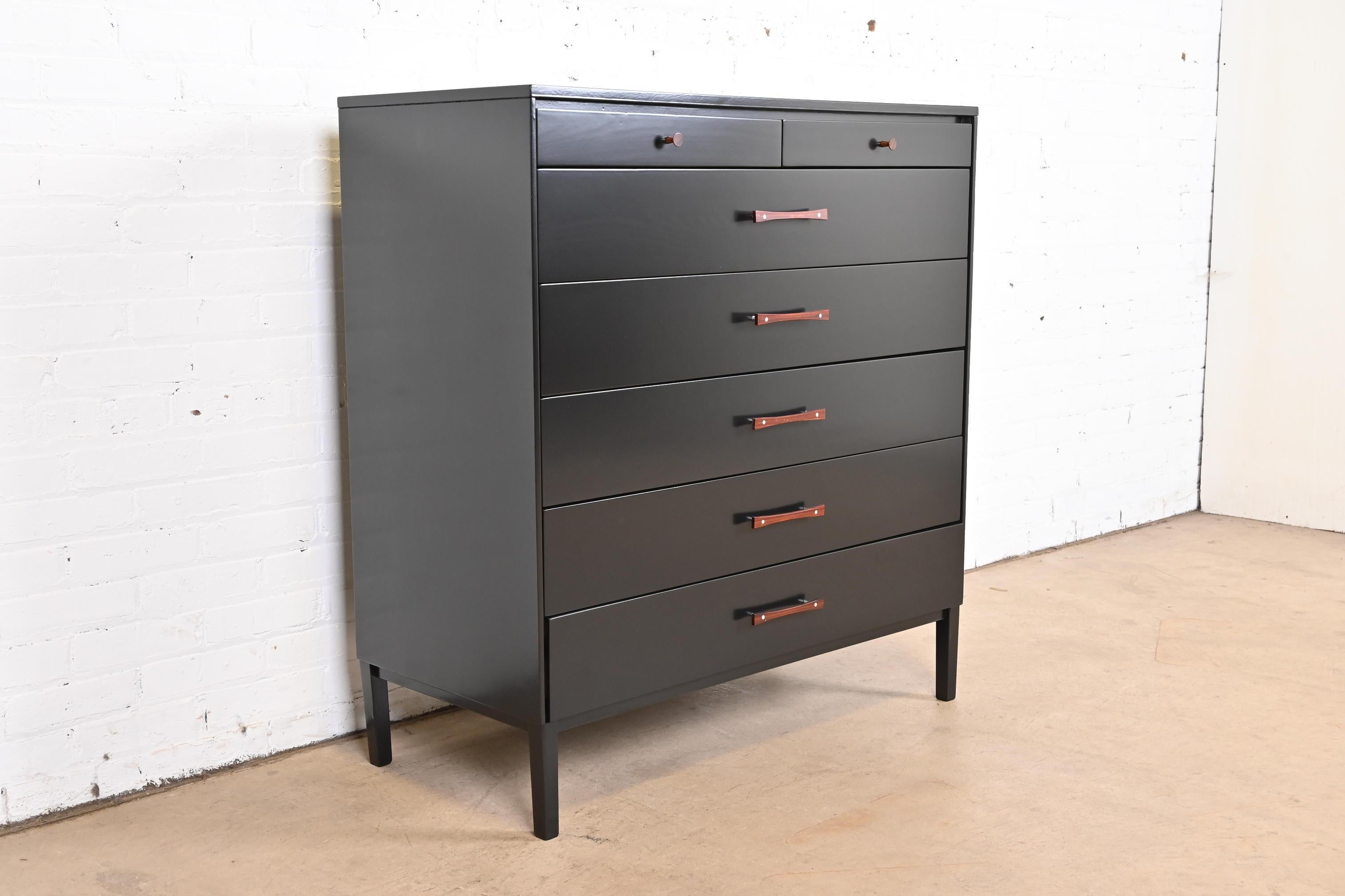 American Paul McCobb Perimeter Group Black Lacquered Highboy Dresser, Newly Refinished For Sale